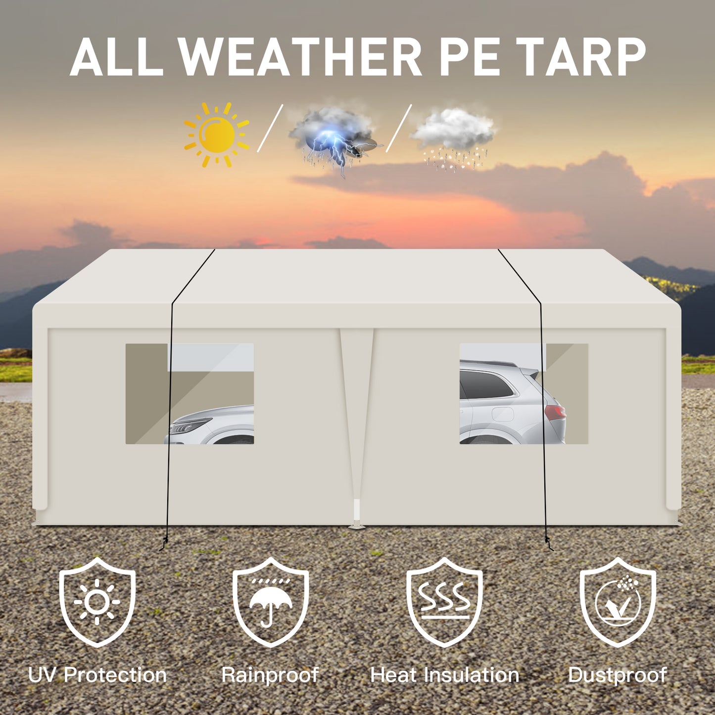 Beige all weather PE tarp with windows suitable for car shelter