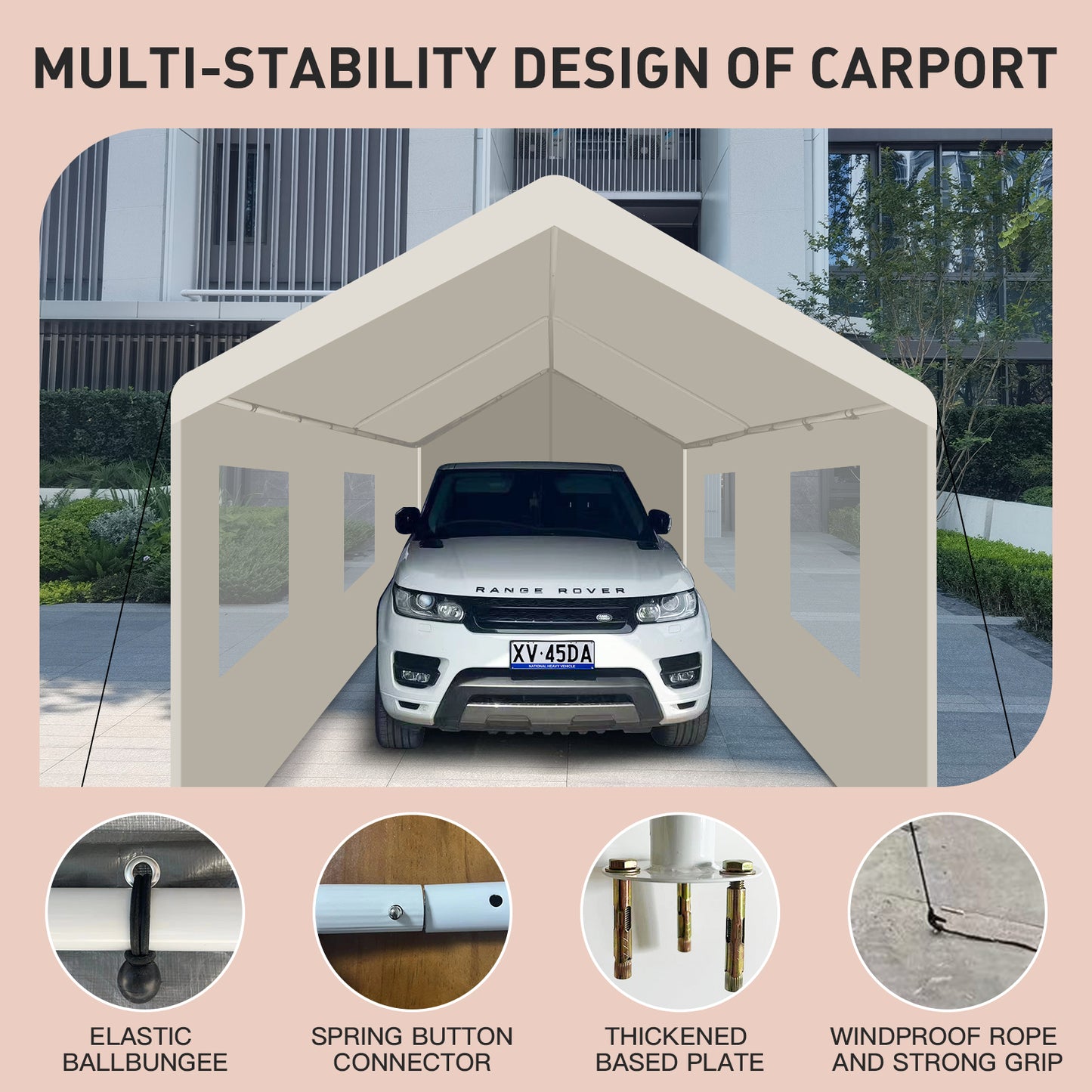 Beige heavyduty carport with white SUV parked inside showcasing its robust frame
