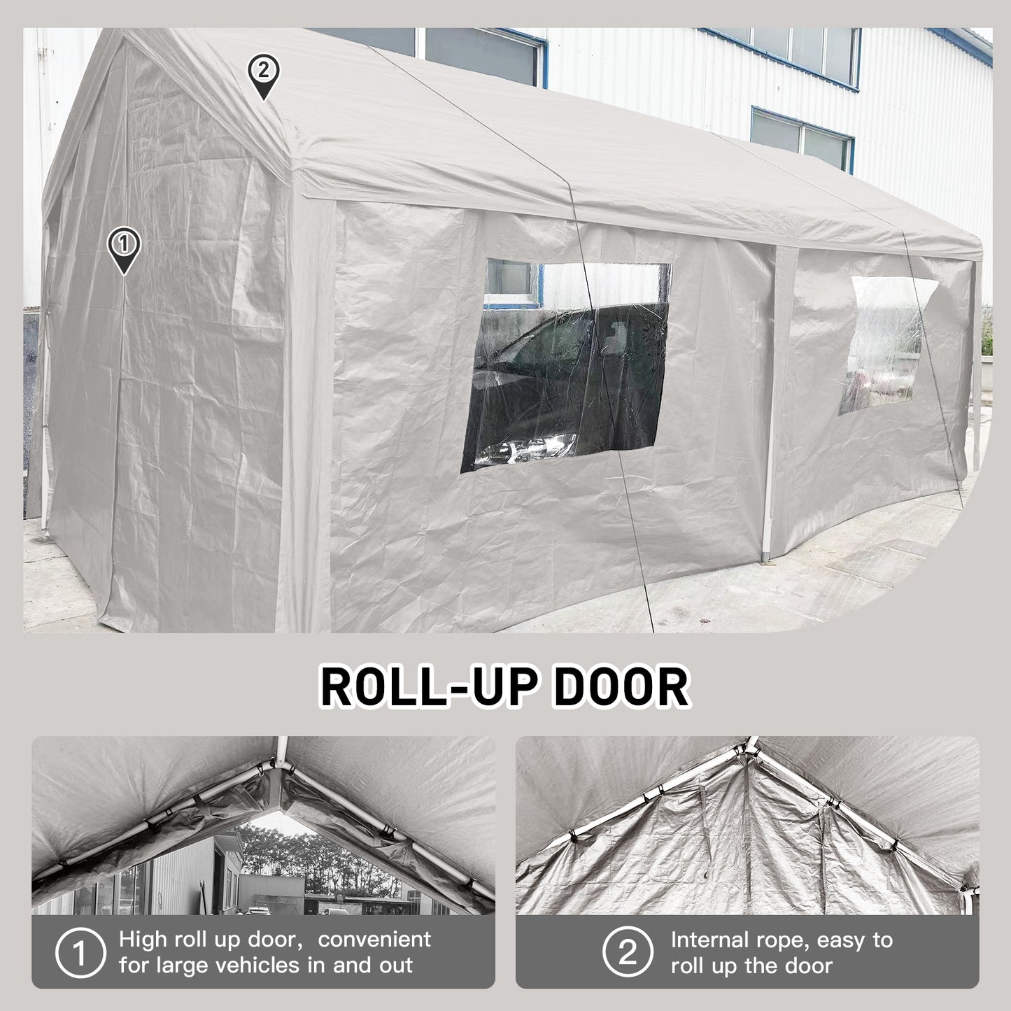 Large gray carport tent with rollup door and clear windows protecting a vehicle
