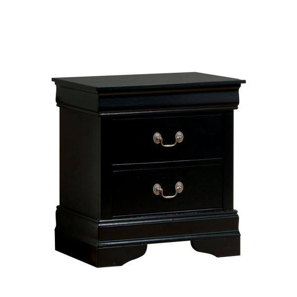 Black wooden nightstand with two drawers and antique brass hardware