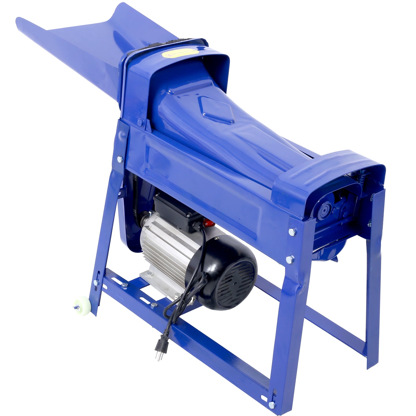 Blue electric chipper shredder with metal motor housing ideal for garden waste processing