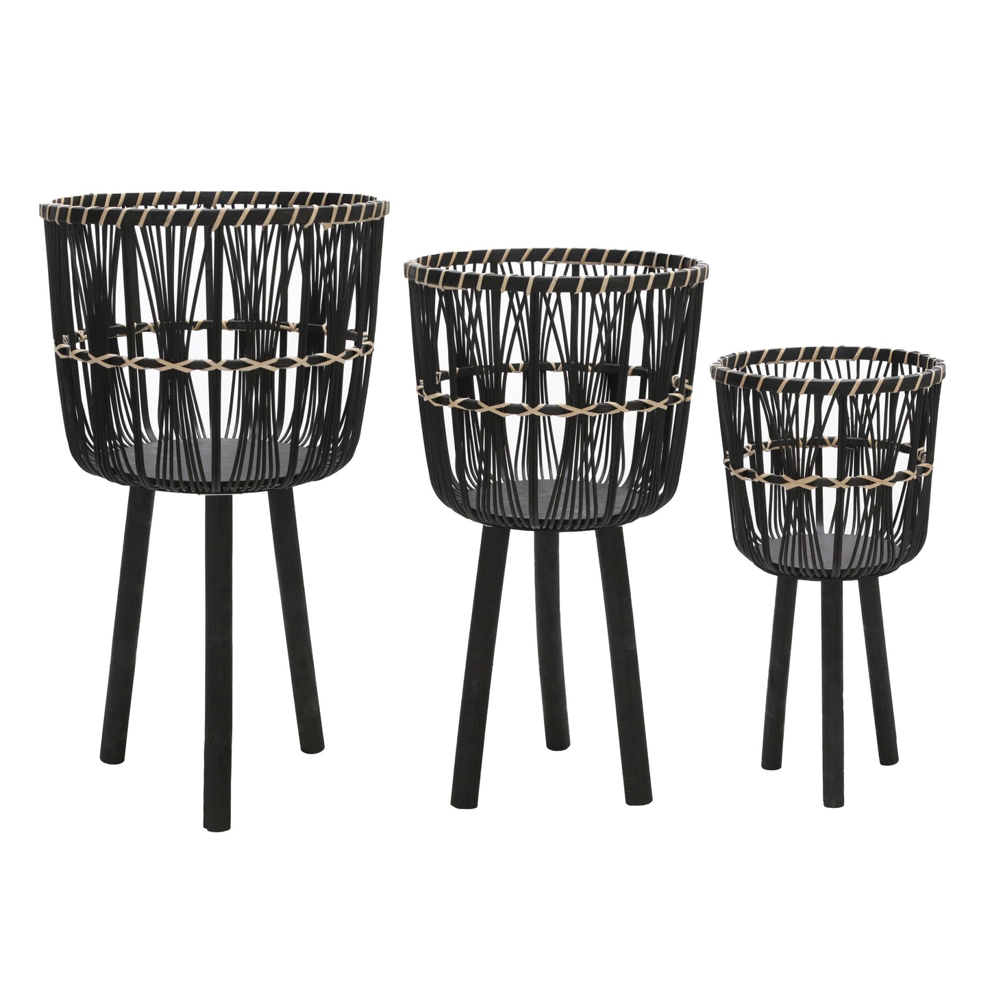 Set of black woven bamboo plant stands with light woven accents