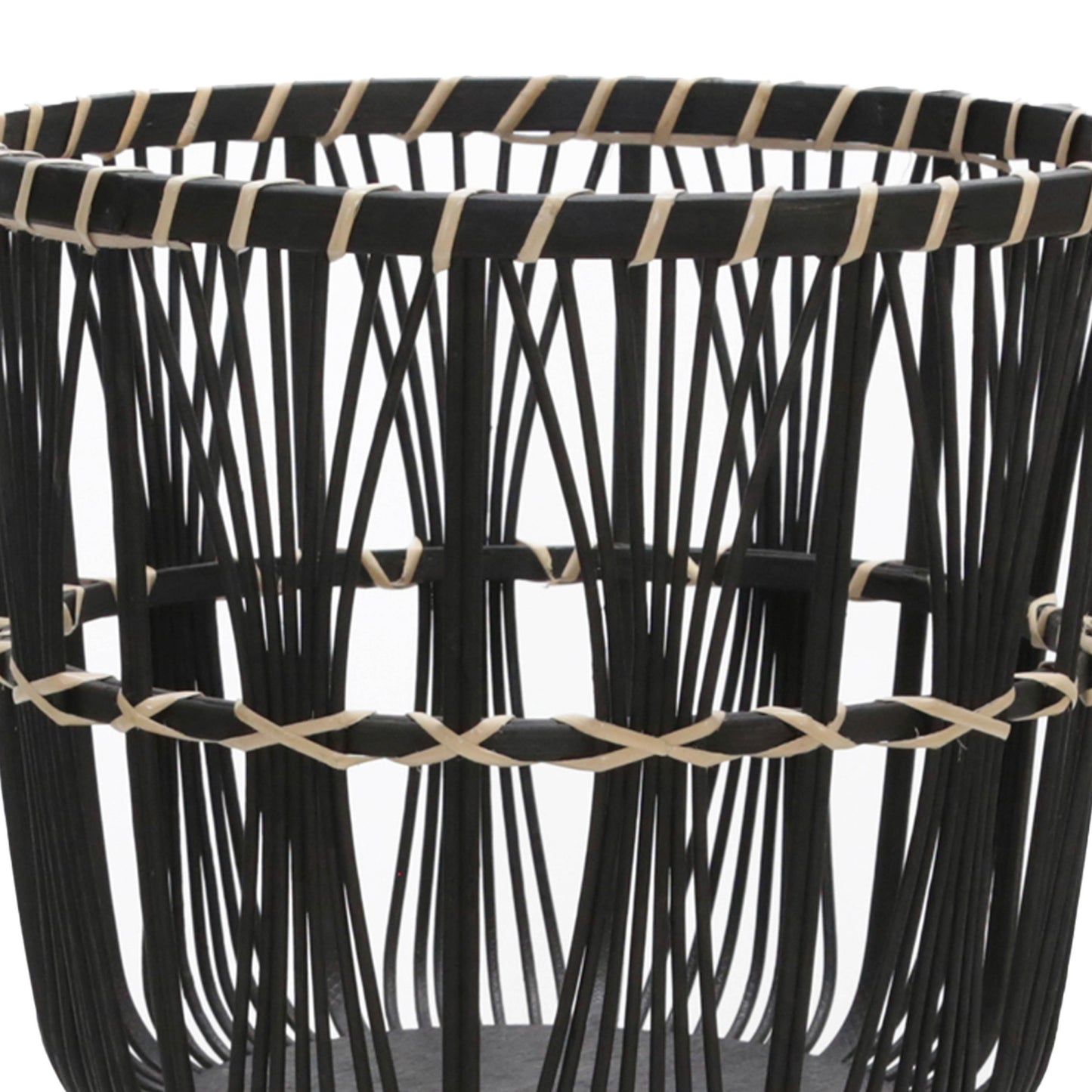 Black woven planter with natural rattan accents ideal for indoor plants