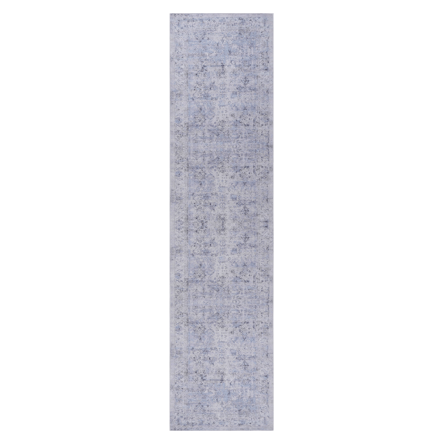 Light blue distressed oriental runner rug with vintage floral pattern x ft