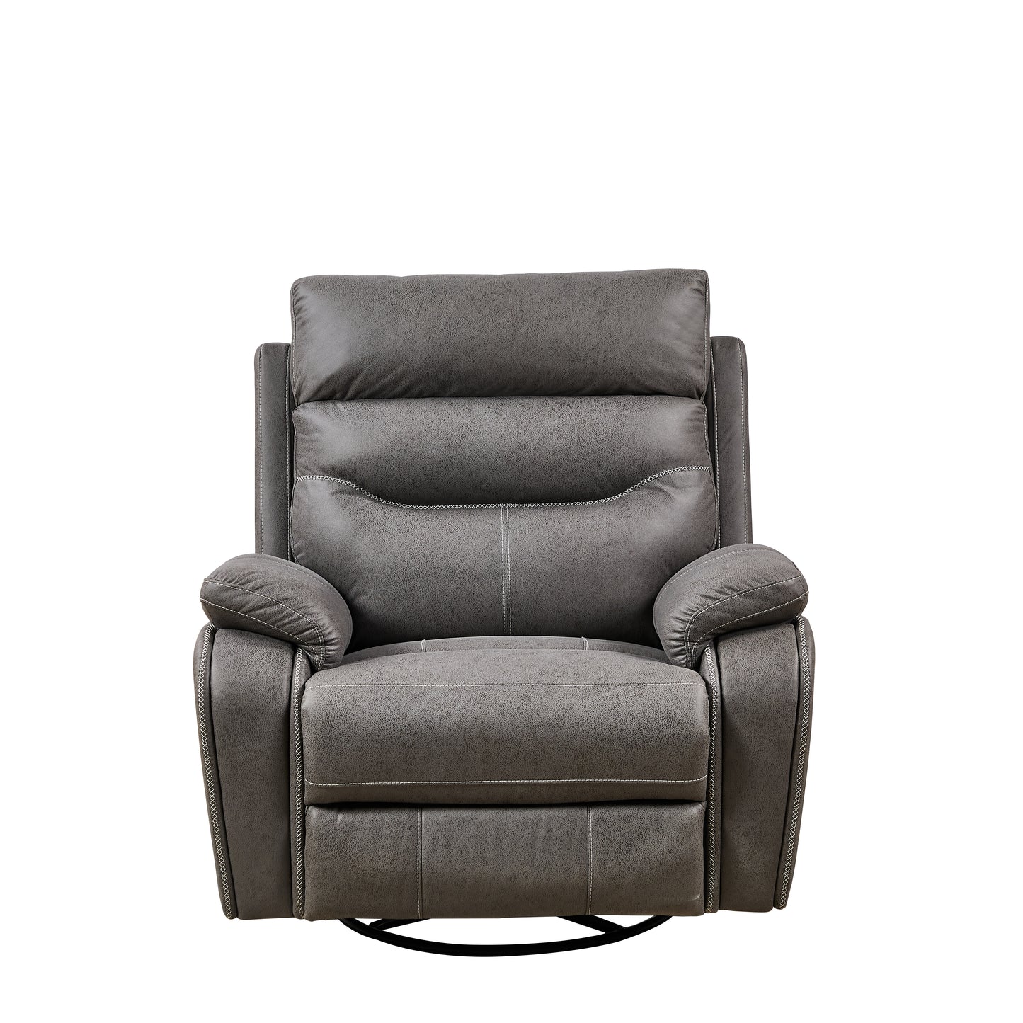 Gray faux leather reclining chair with stitched detailing and padded headrest