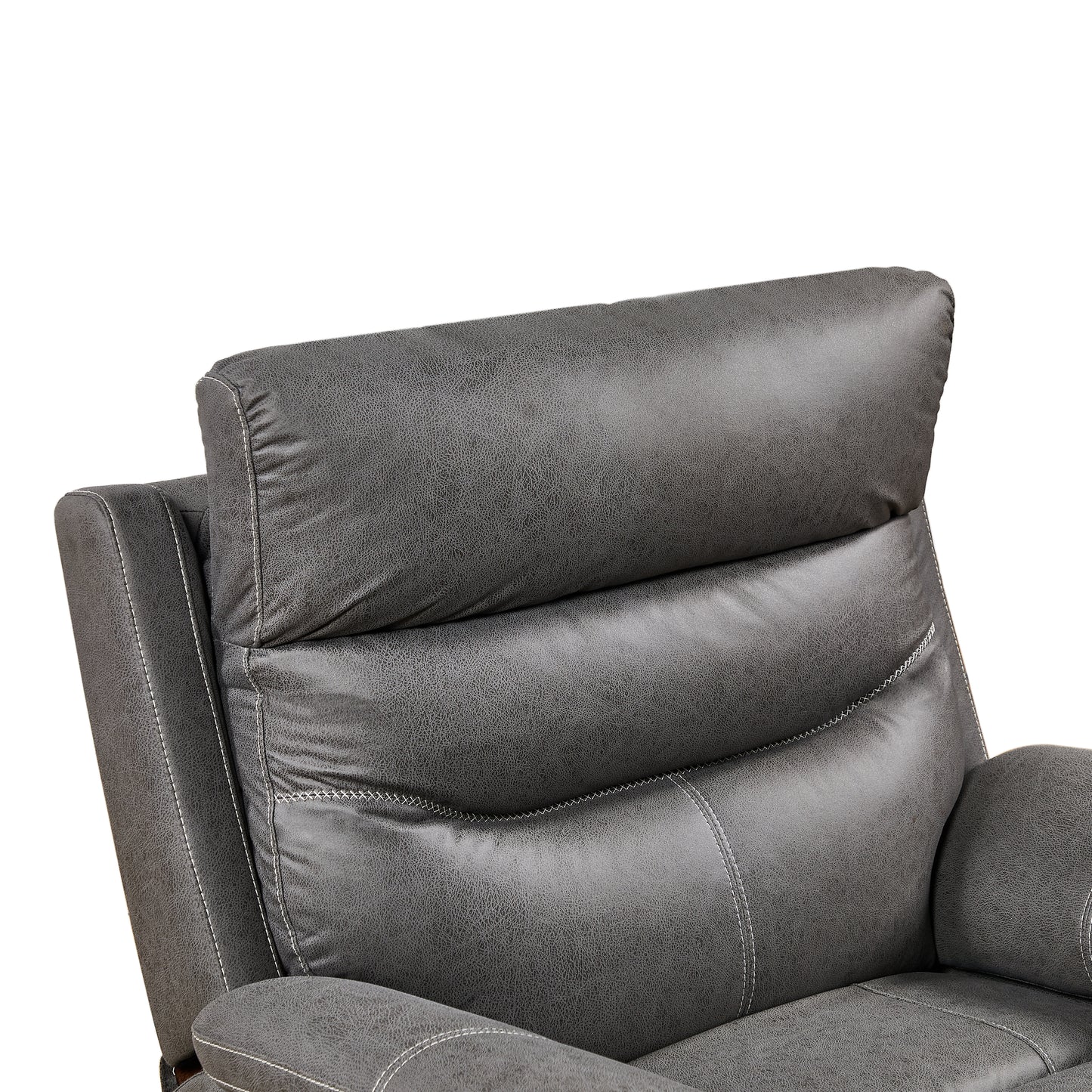 Closeup of grey faux leather recliner headrest with white stitching detail