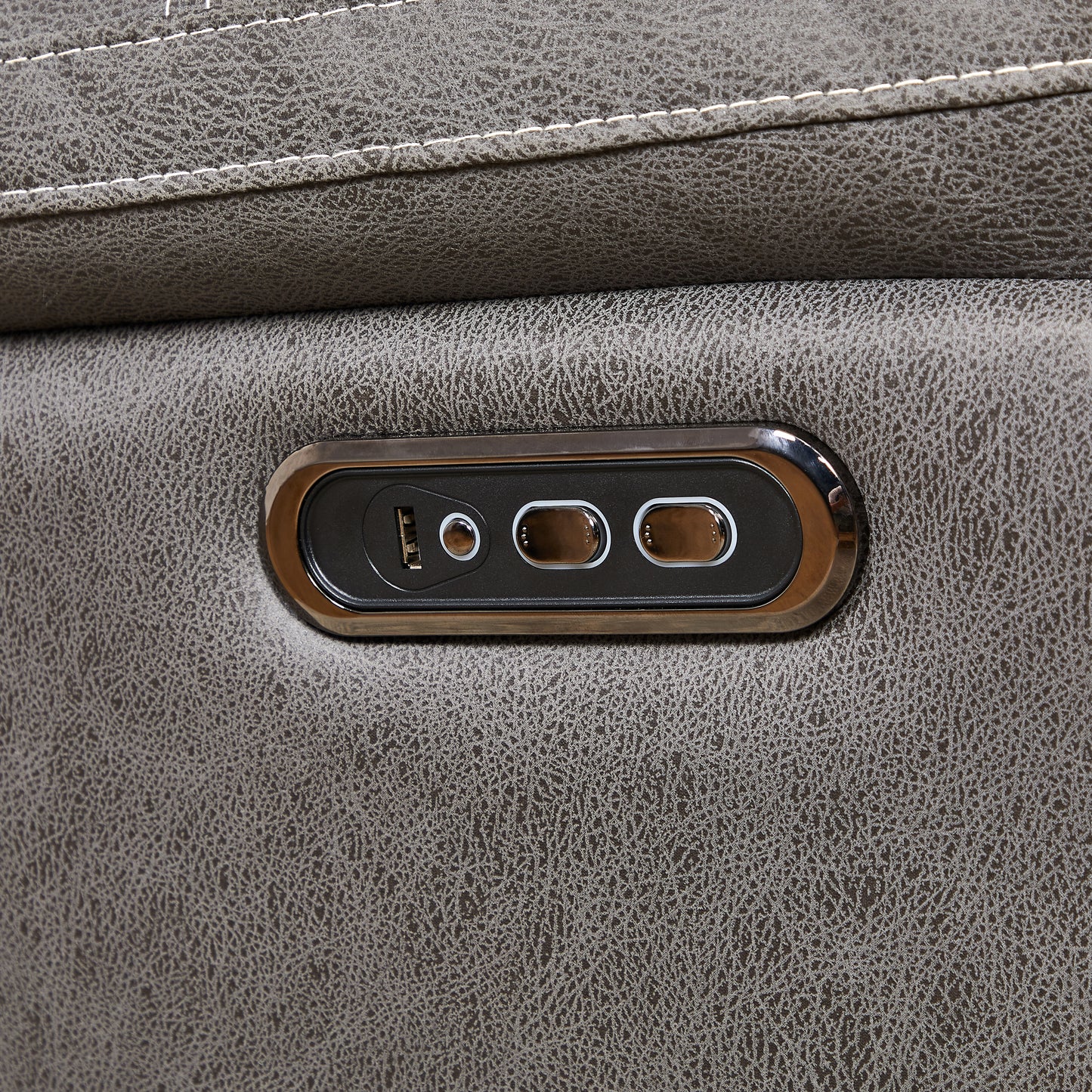 Brown faux leather recliner control panel with USB port and buttons