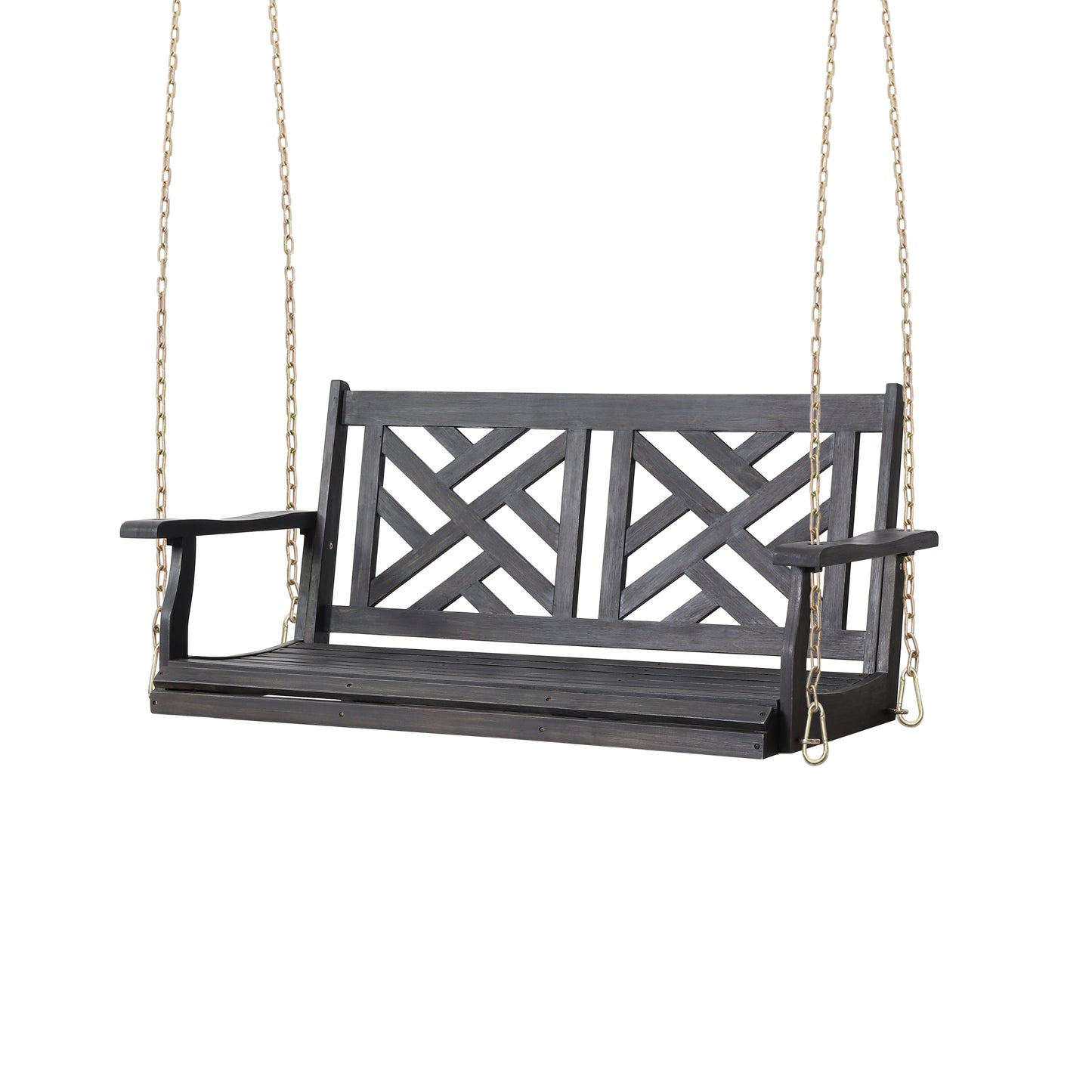 Dark grey wooden porch swing with lattice back design and brass chains