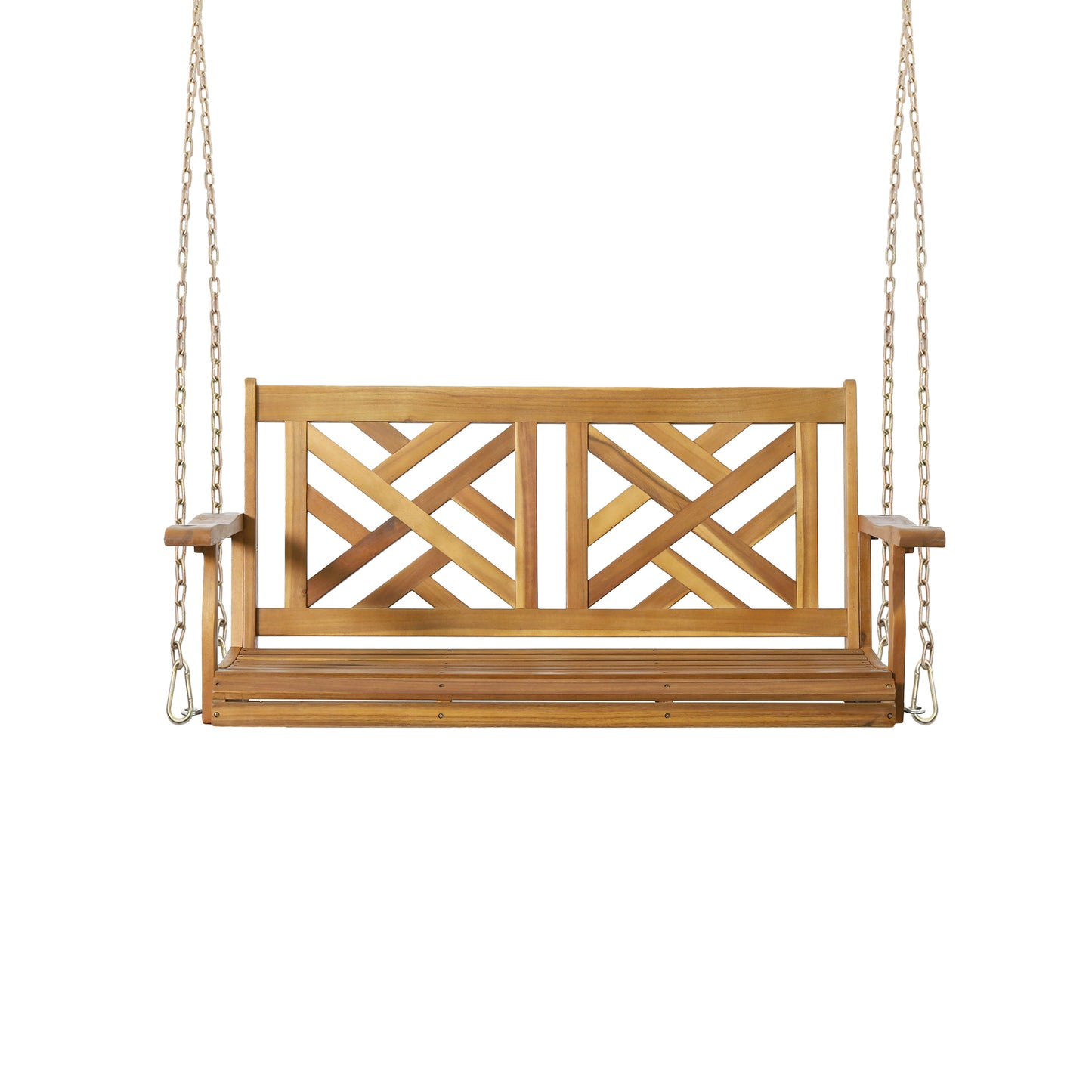 Wooden garden swing bench with intricate lattice backrest and sturdy metal chains