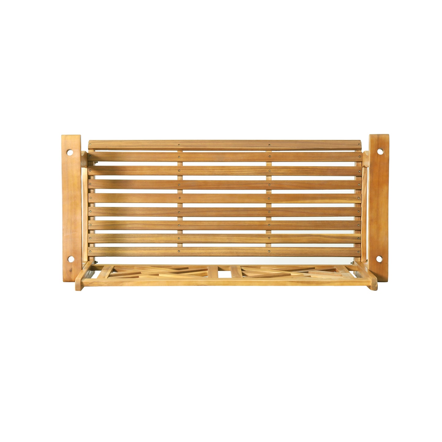 Natural wood slat garden bench with ornate base ideal for outdoor seating