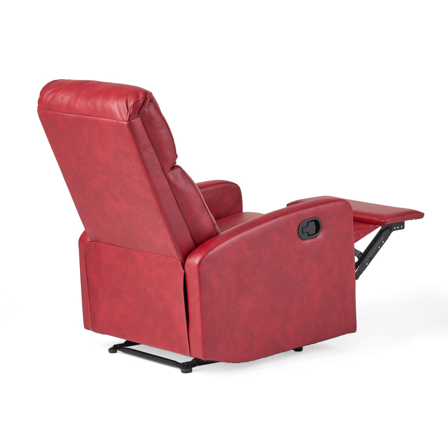 Red faux leather recliner chair with extended footrest reclined position