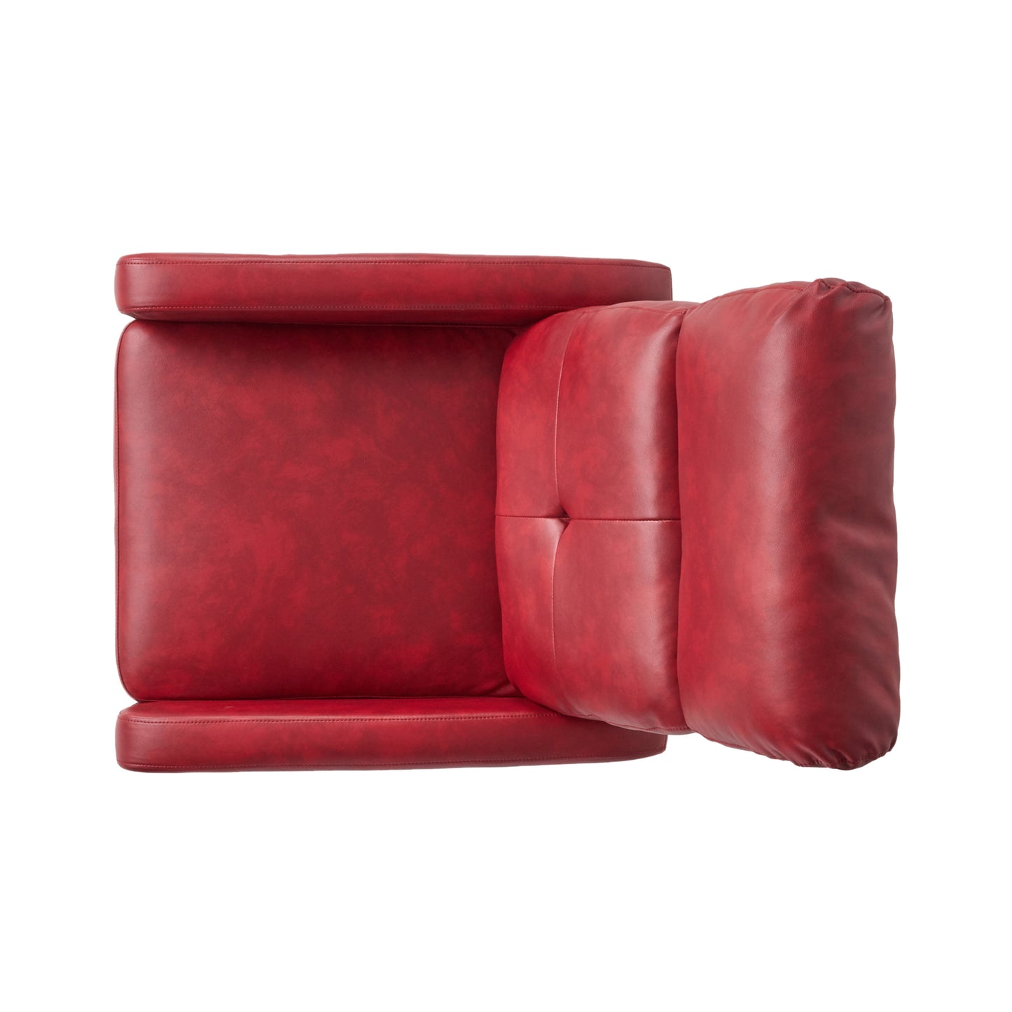 Top view of a plush red leather armchair with tufted backrest and clean stitching