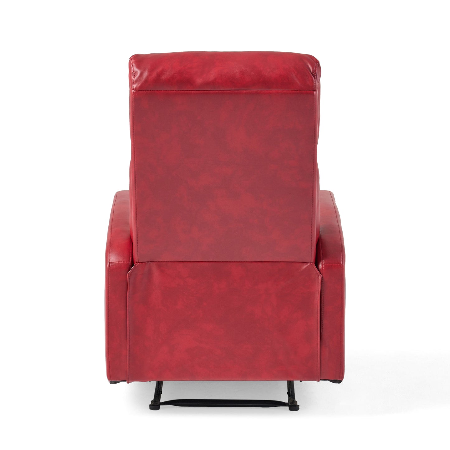 Back view of a plush red leather recliner chair with a sturdy metal base