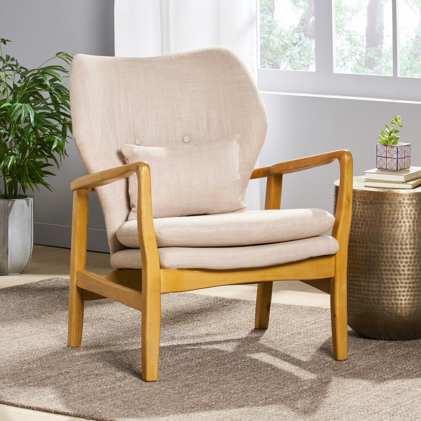 Beige upholstered accent chair with natural wood frame perfect for living room
