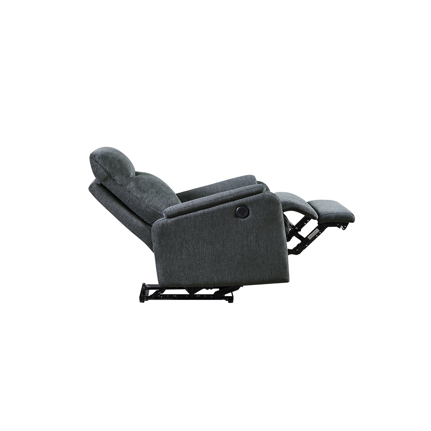 Dark grey fabric recliner chair with extended footrest and adjustable headrest