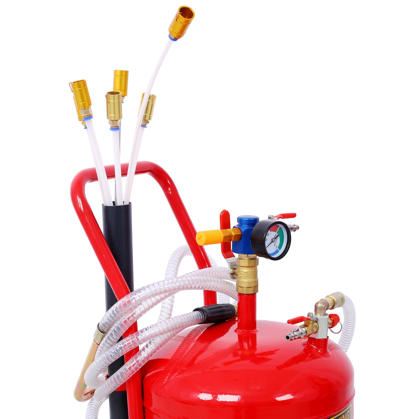Red fluid transfer tank with pressure gauge and multiple hoses for easy fluid exchange