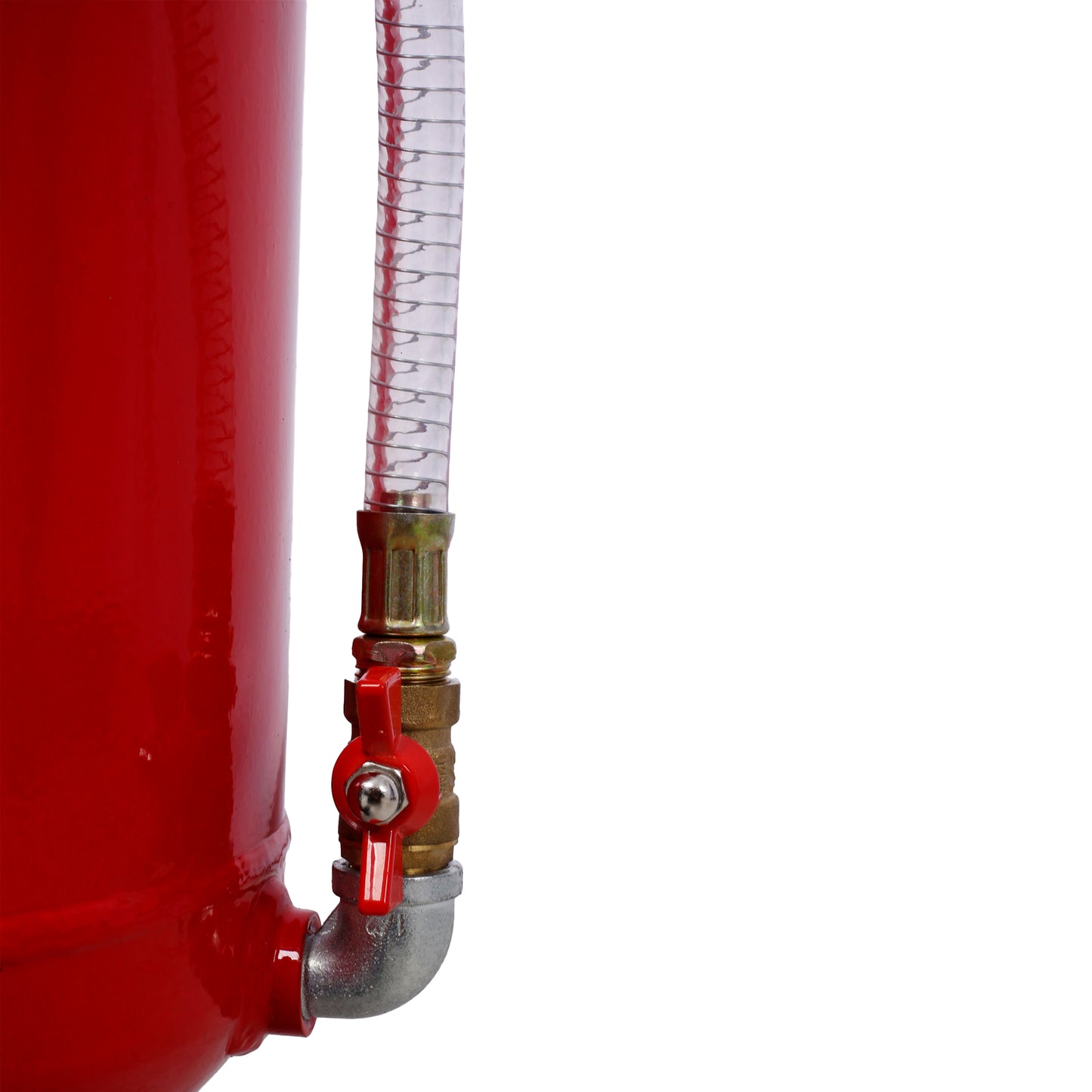 Red metal tank with a clear hose and red ball valve connector