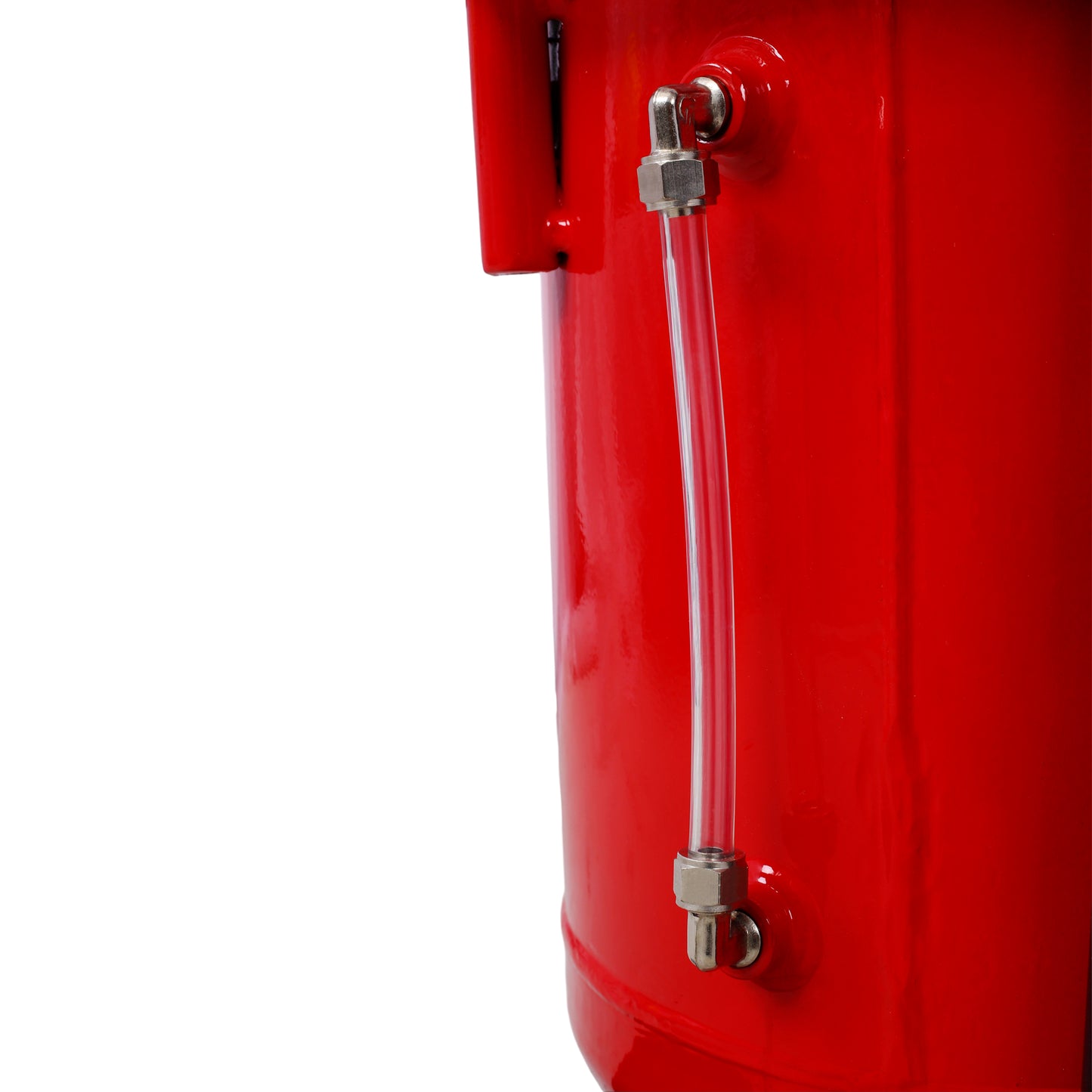 Red metal air compressor tank with clear sight glass level indicator