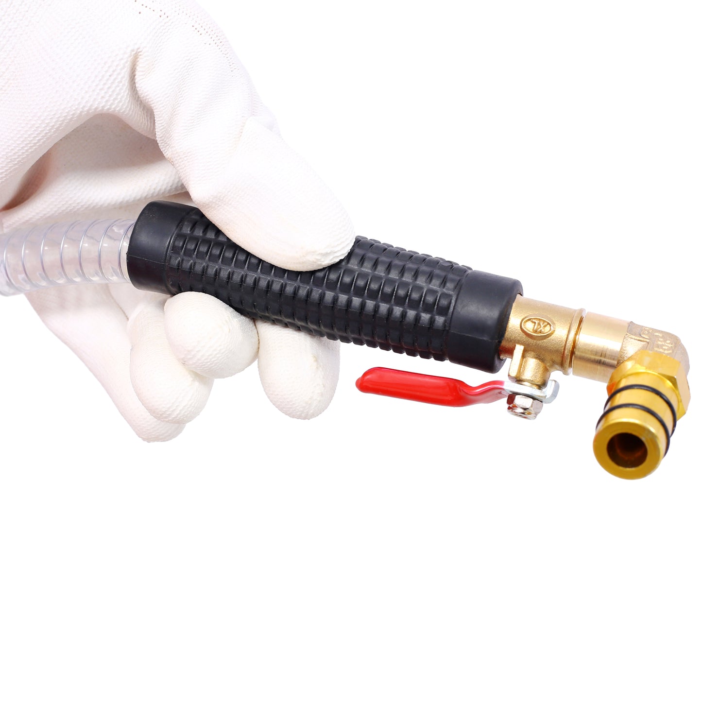 Gloved hand holds a brass hose adapter with red valve and clear tubing attachment for garden tools