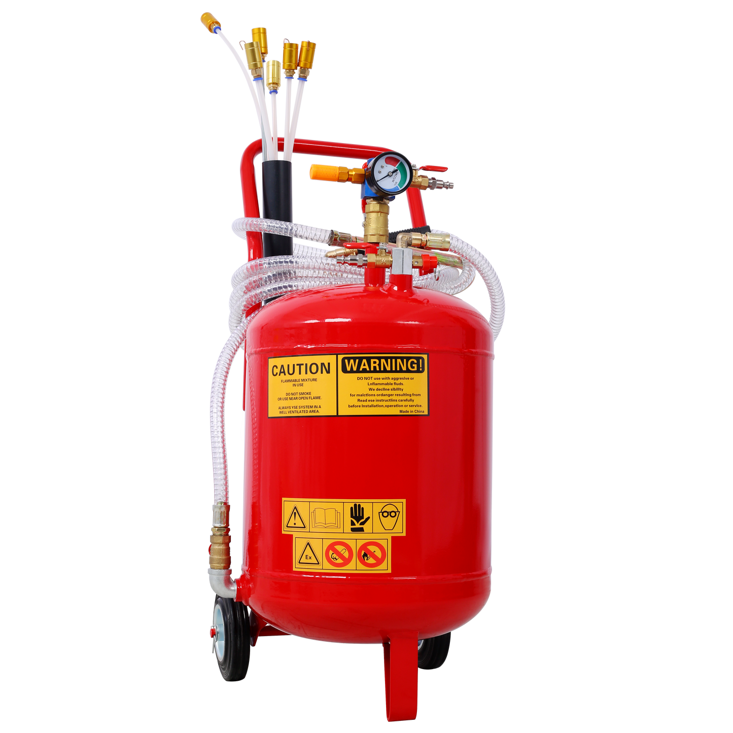 Red portable fluid vacuum tank with gauge and multiple hose attachments for automotive use