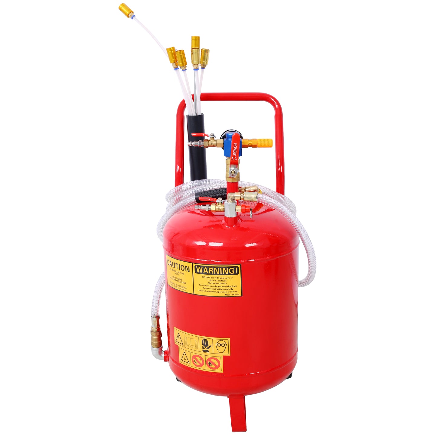 Red liter pressure sandblaster with safety warnings and hose connections