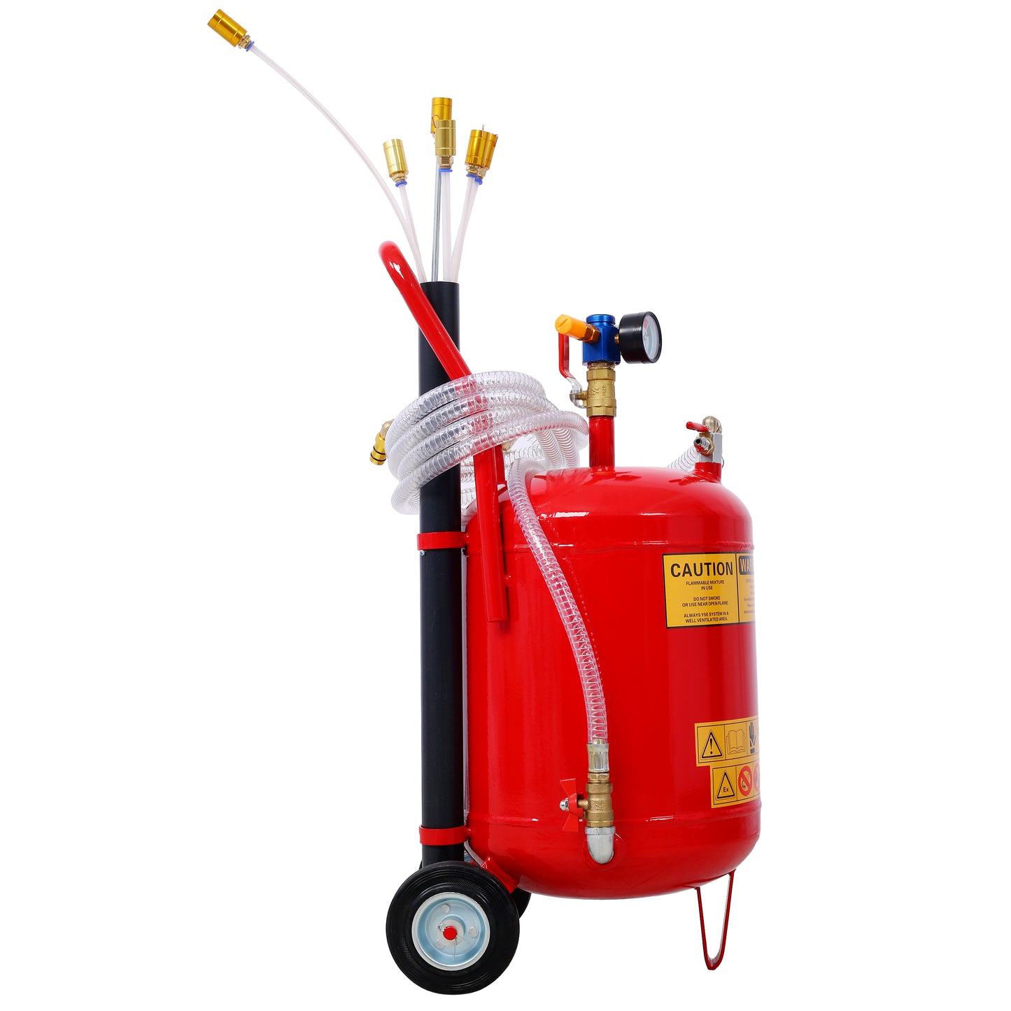 Red wheeled sandblaster with multiple spray nozzles and hose