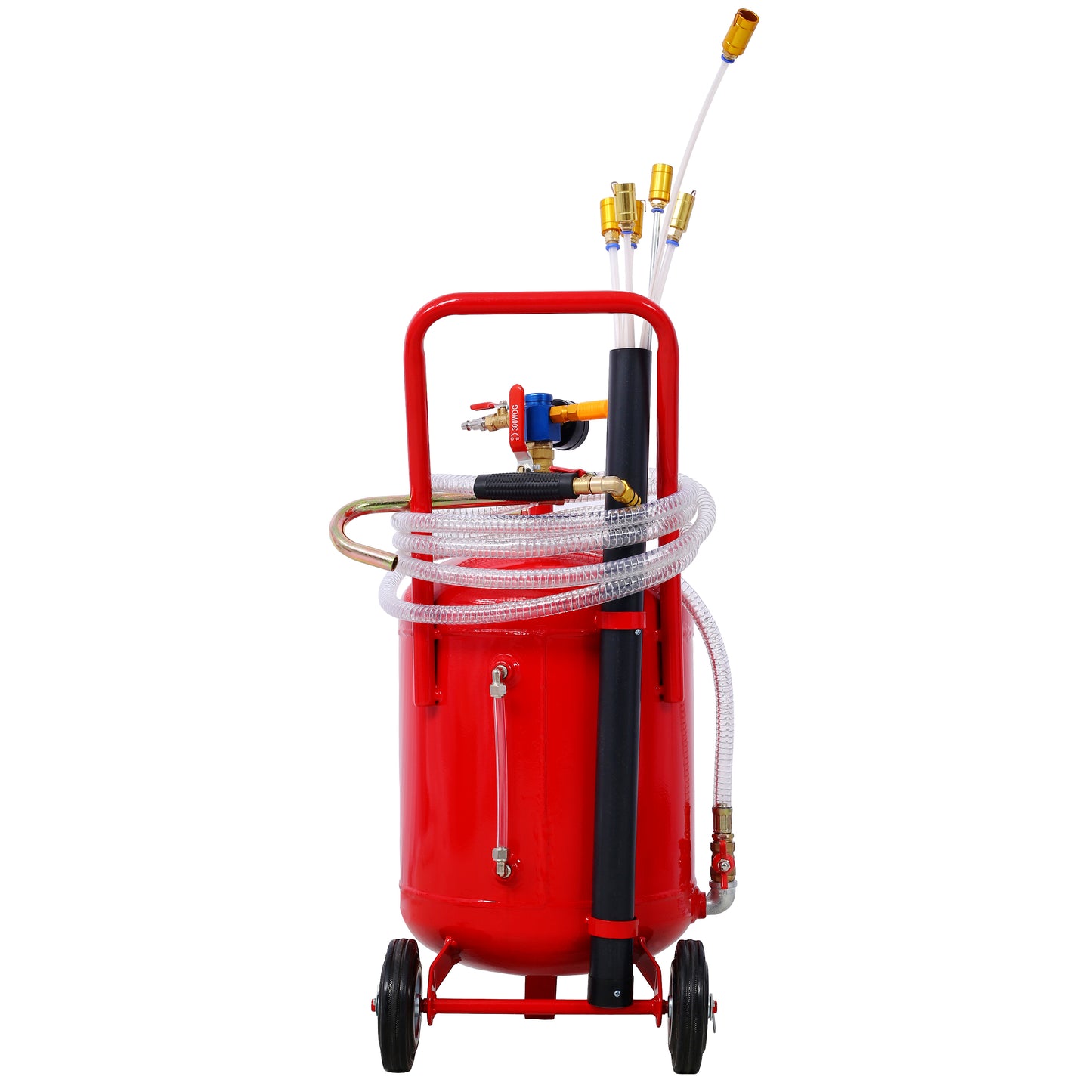 Red mobile fluid extractor with transparent hoses and brass fittings