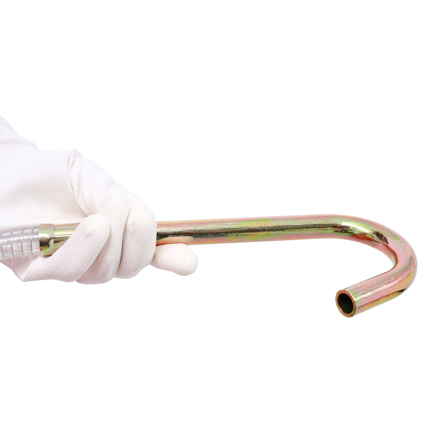 Gloved hand holding a bent zincplated steel rod with a clear hose attachment