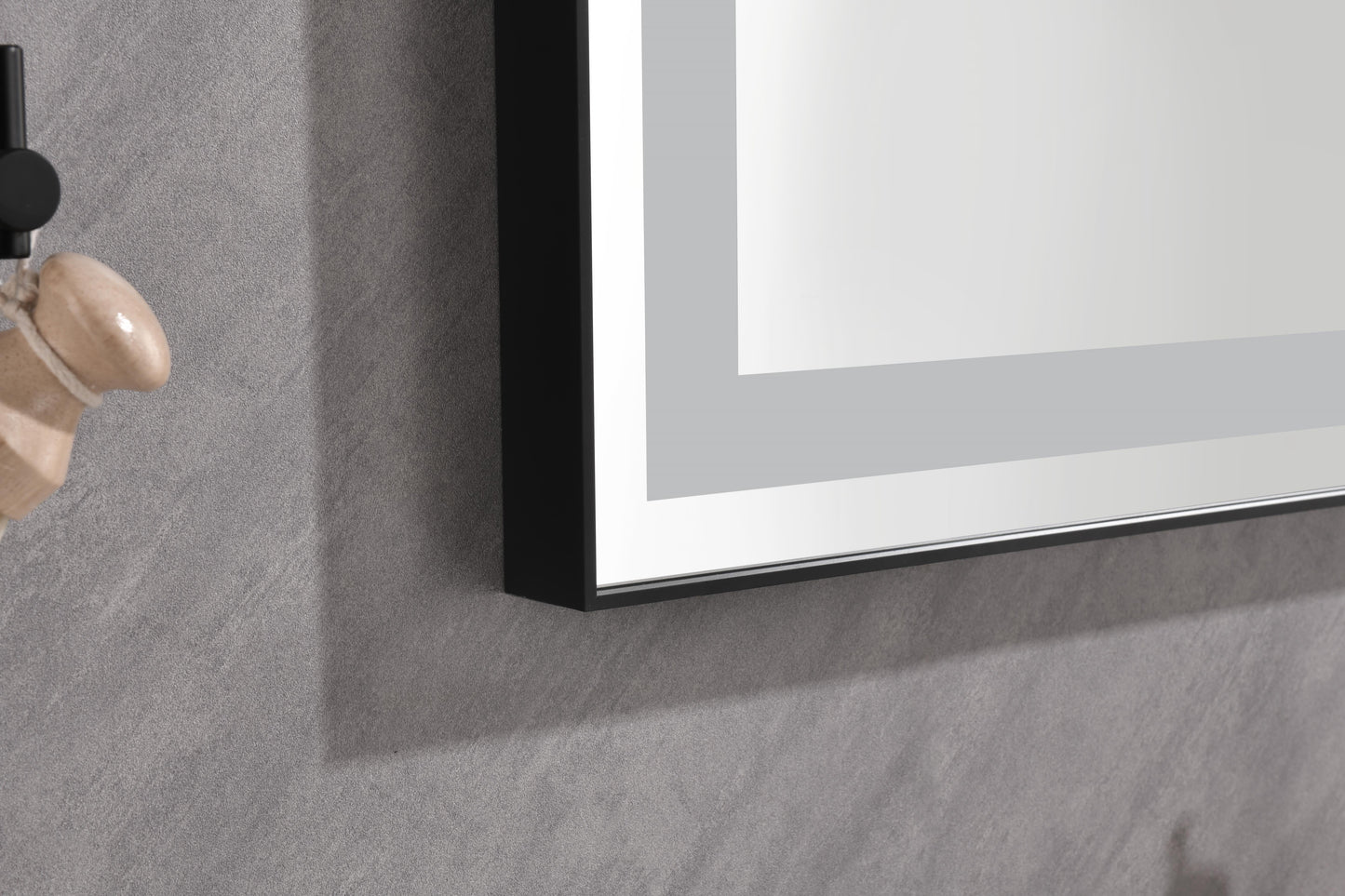 Modern black framed LED bathroom mirror with frosted glass accent