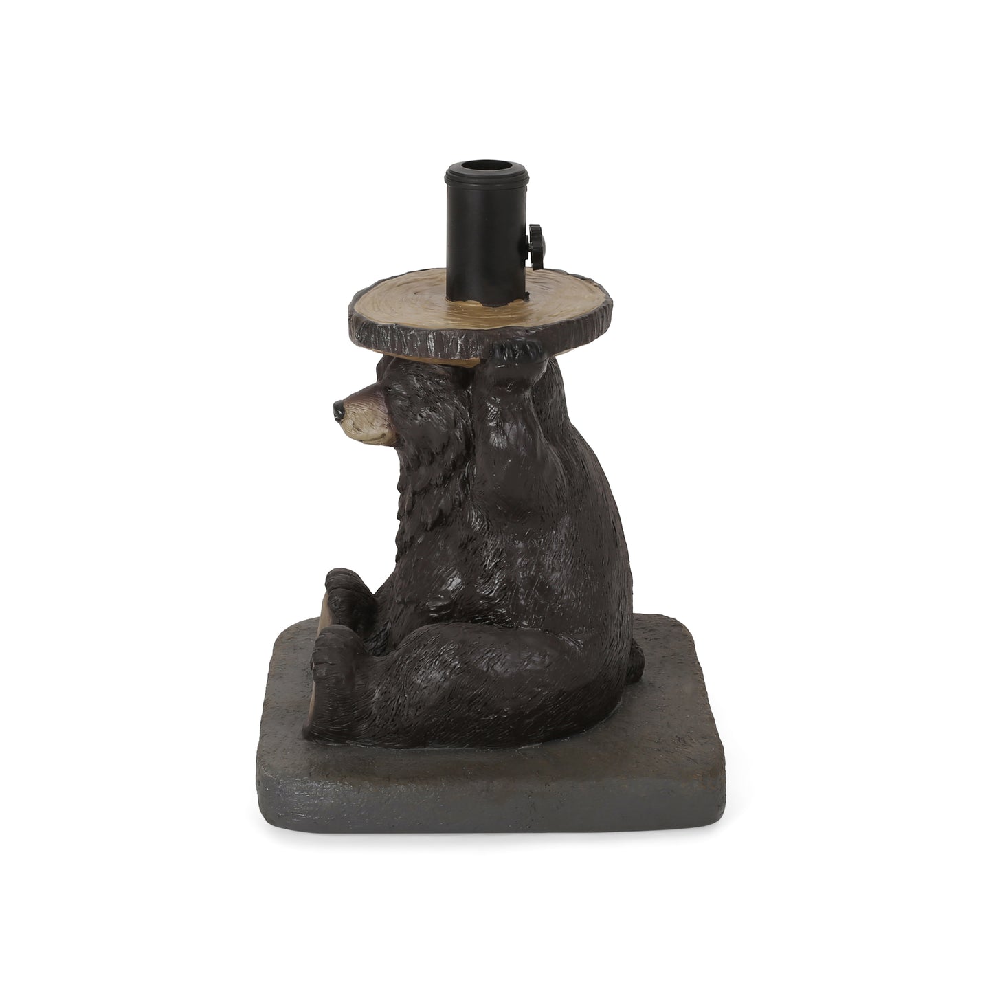 Brown resin bear garden statue holding a woodlook tabletop with umbrella hole