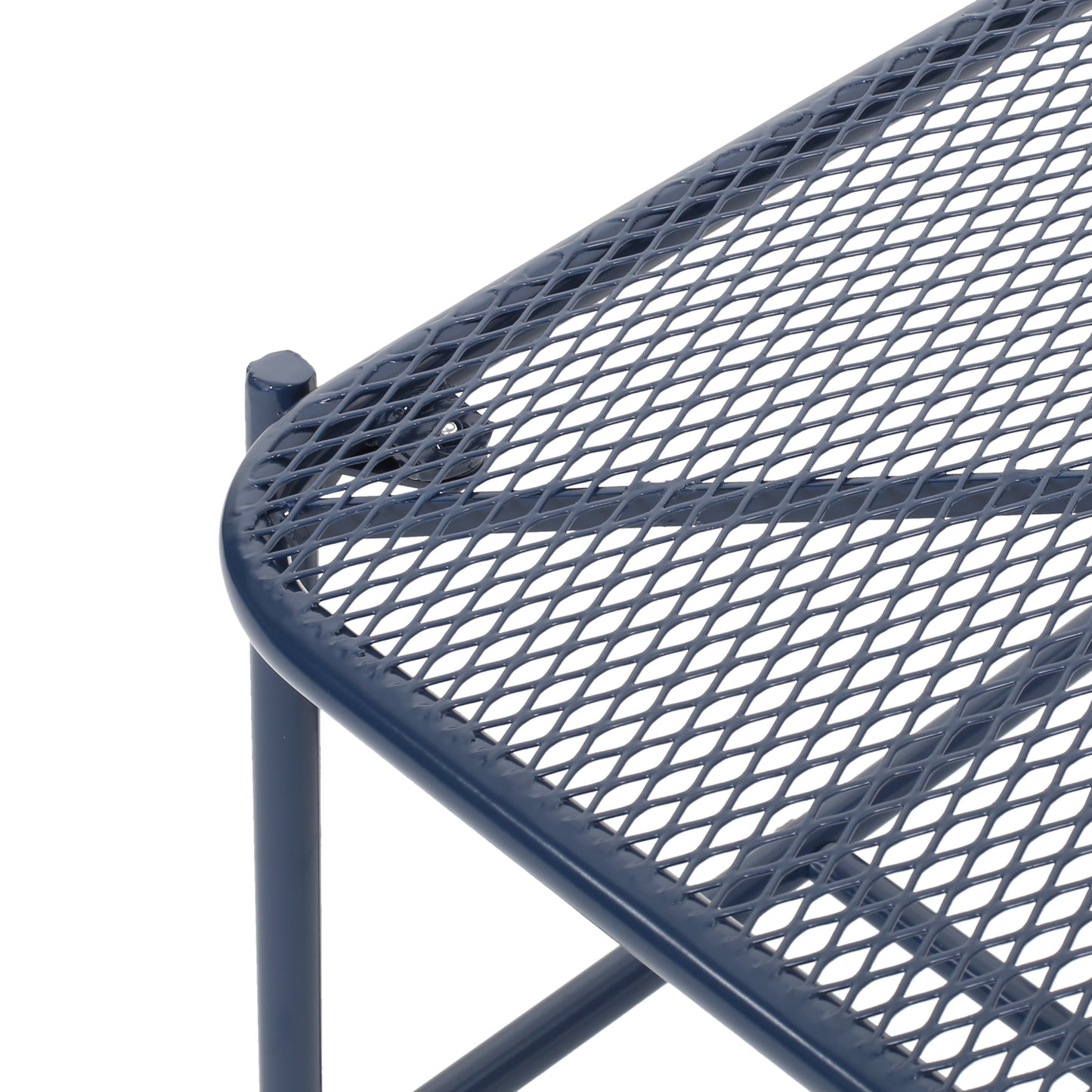 Navy blue expanded metal mesh side table with rounded edges