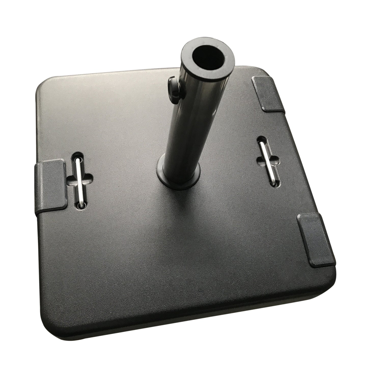 Black square patio umbrella base with durable resin construction and metal pole holder