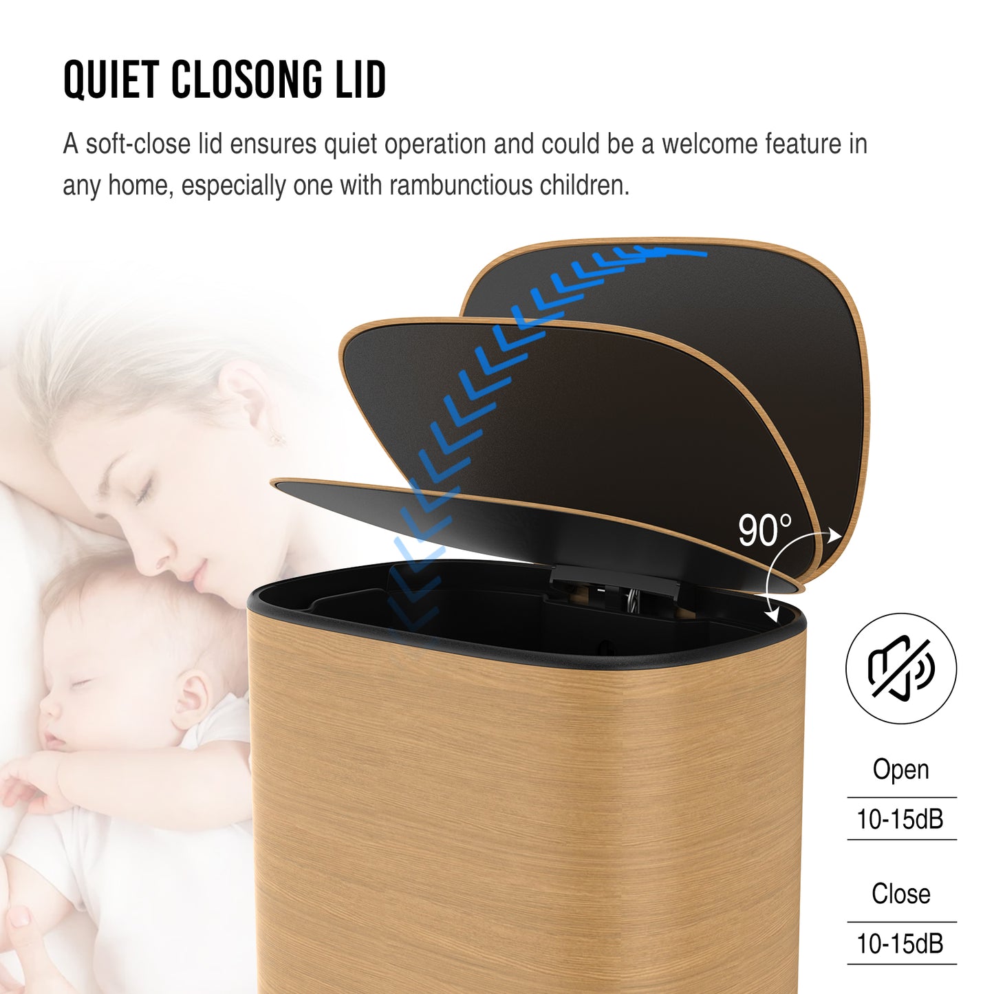 Woodgrain trash can with a softclose lid ideal for quiet kitchens