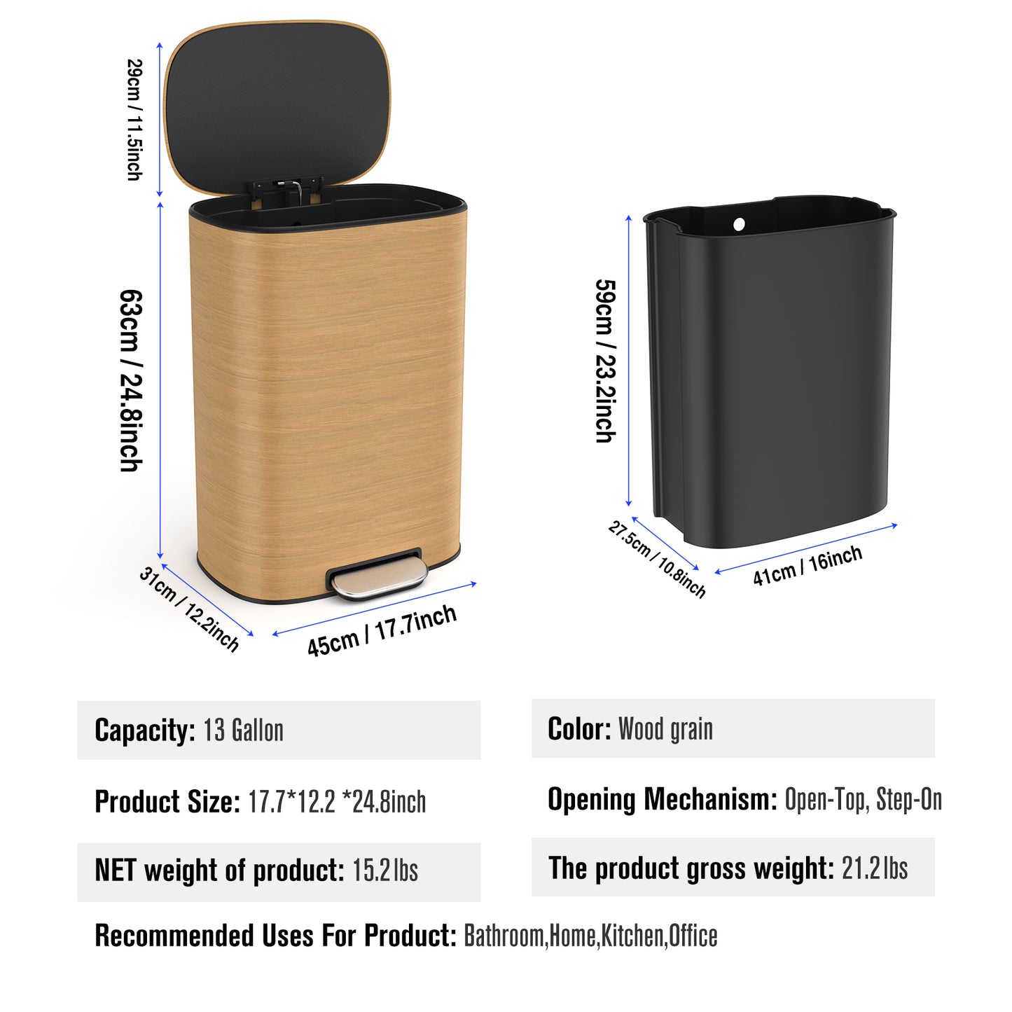 Wood grain pedal trash can with open top and lid gallon capacity for home