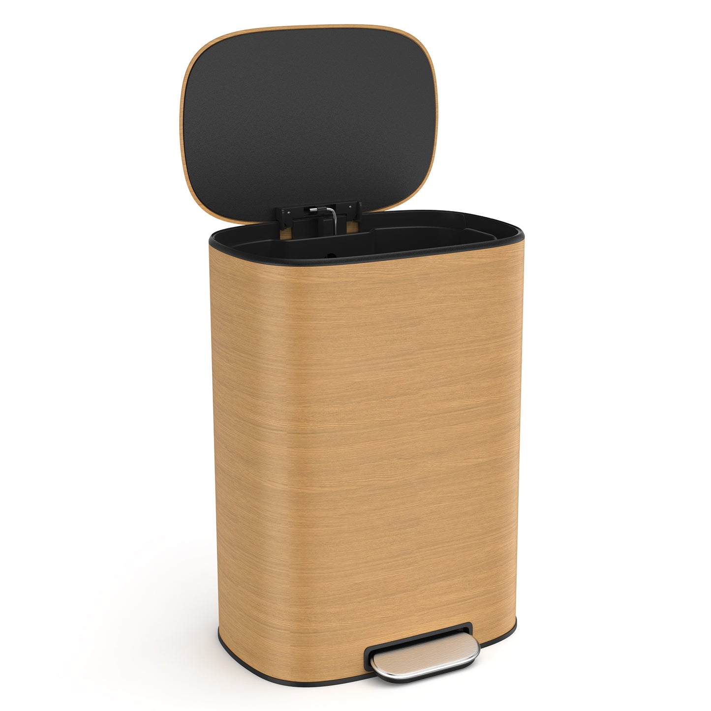 Wooden pedal trash can with open lid brushed steel pedal accent