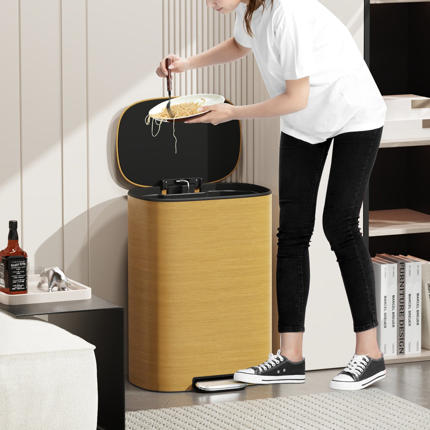 Modern wooden trash can with foot pedal for easy kitchen access