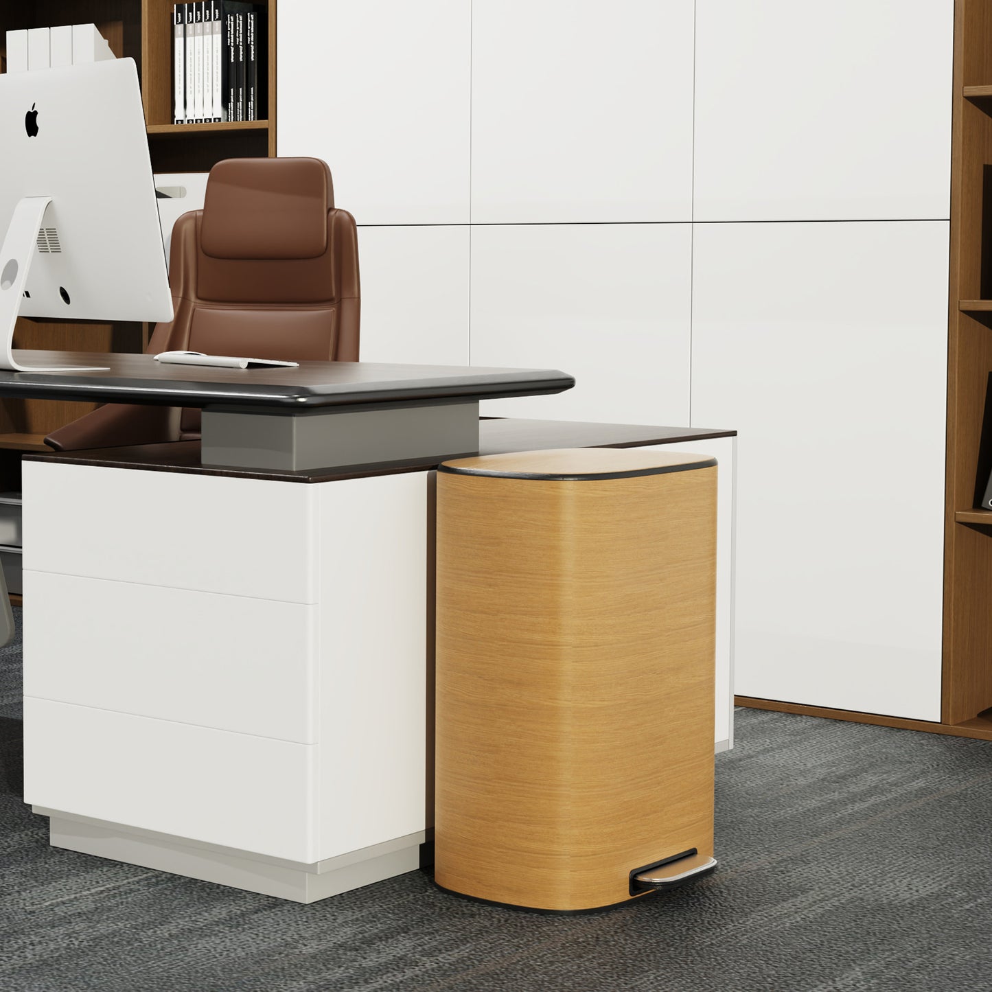 Modern wooden pedal trash can with curved design for office use