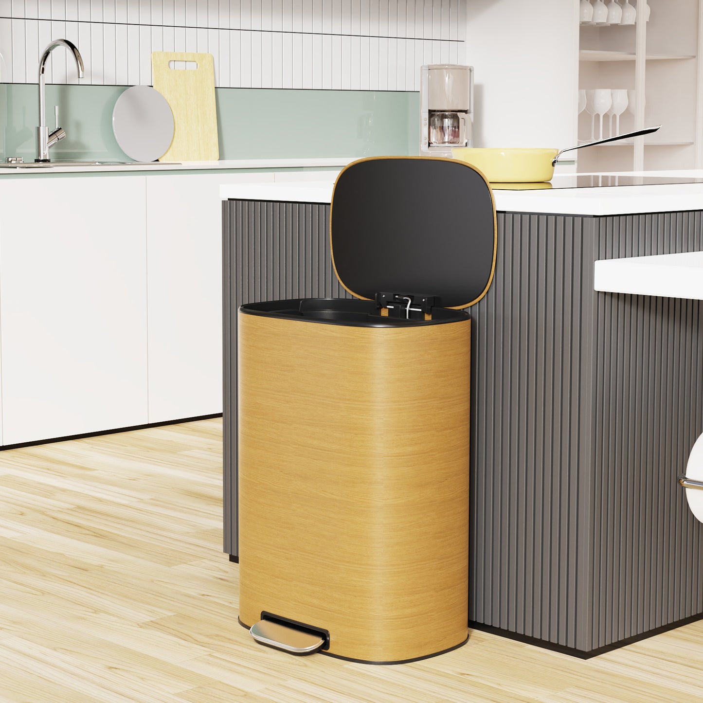 Modern wooden pedal bin with brushed steel pedal for effortless kitchen waste disposal