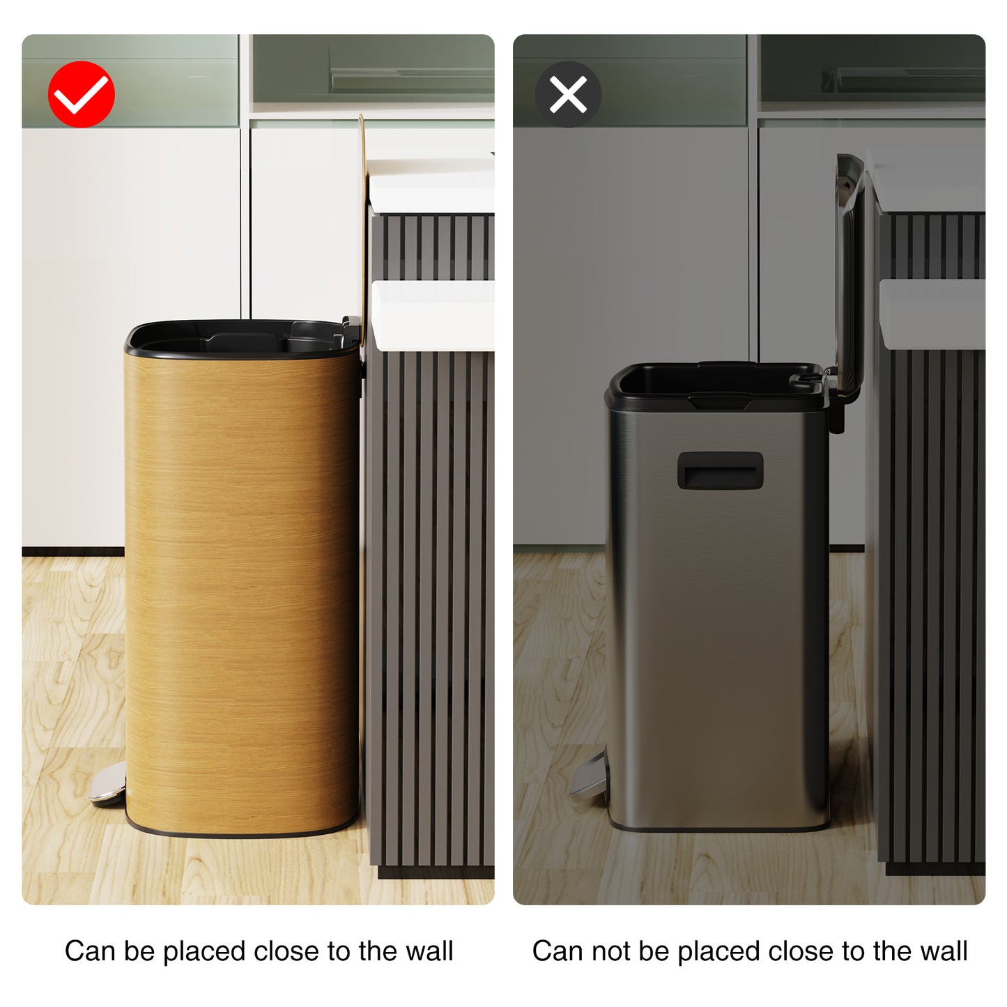 Tall slim wooden trash can with a black lid and pedal ideal for kitchens