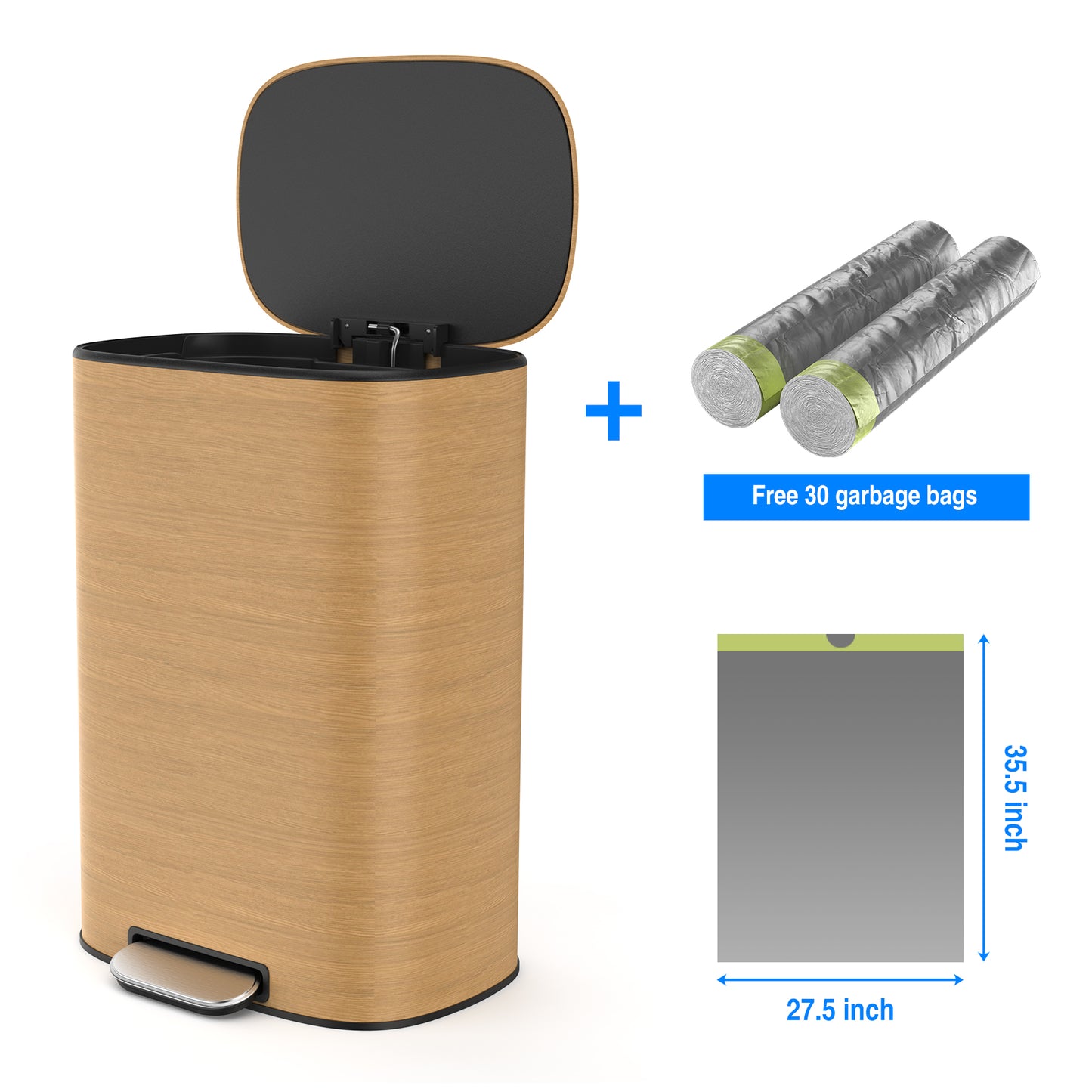 Modern woodeffect pedal trash can with open lid and silver foot pedal