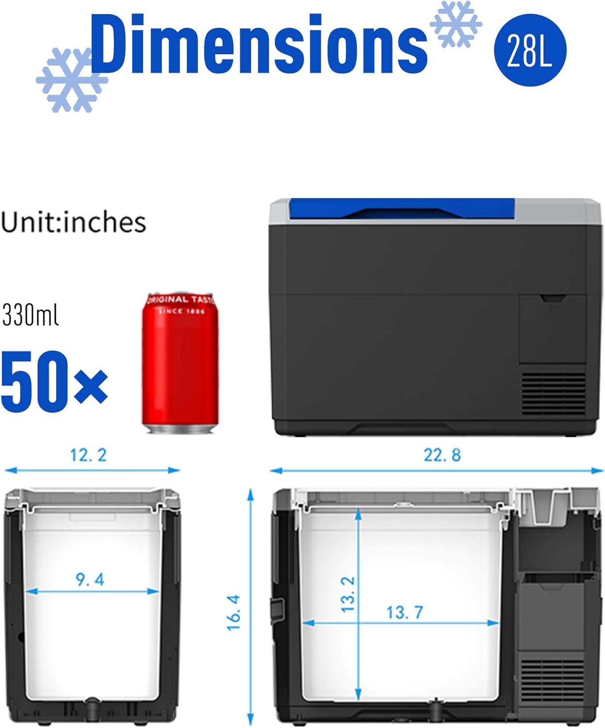 L portable refrigerator dimensions x x inches showing internal capacity comparison