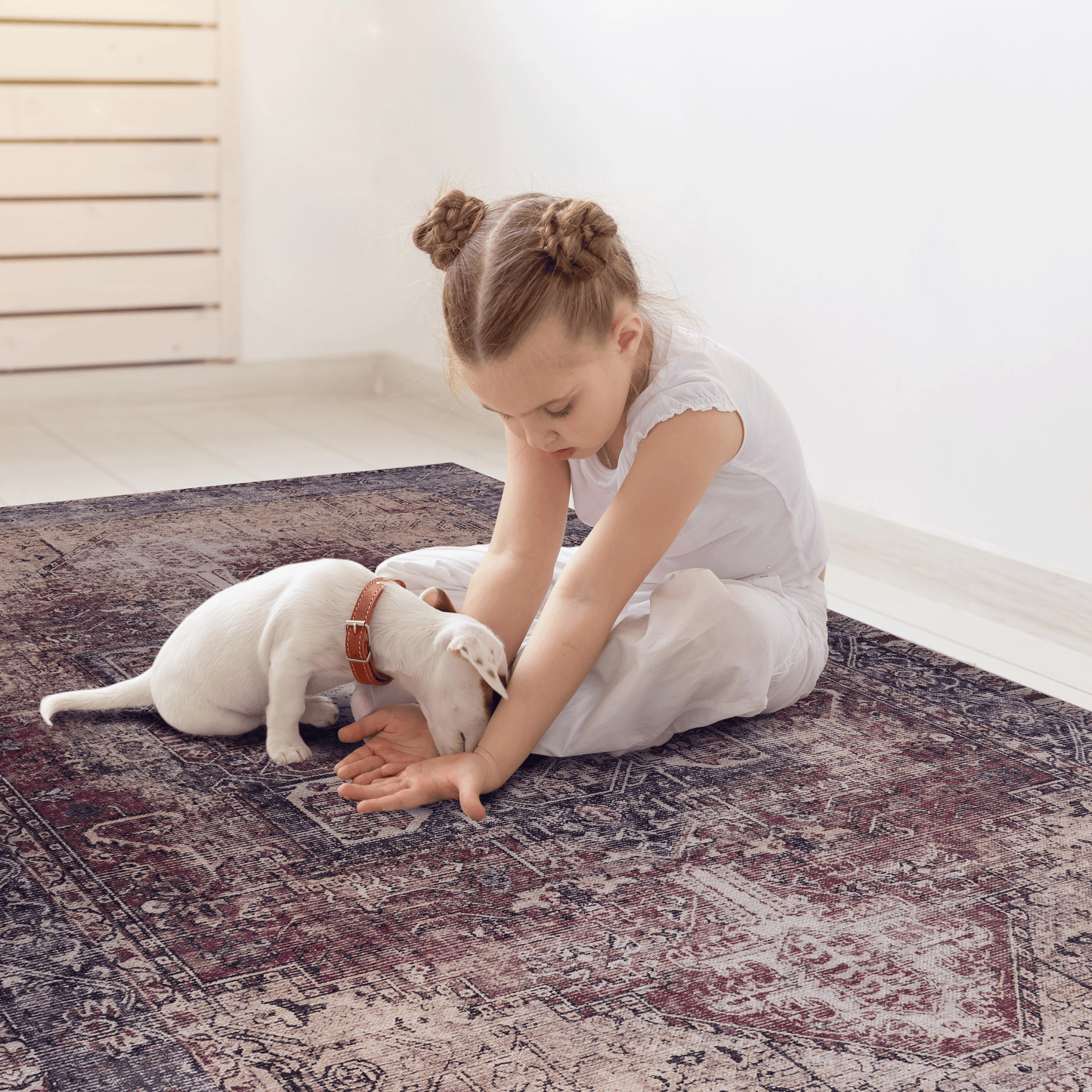Distressed oriental area rug with maroon and navy blue intricate patterns x size