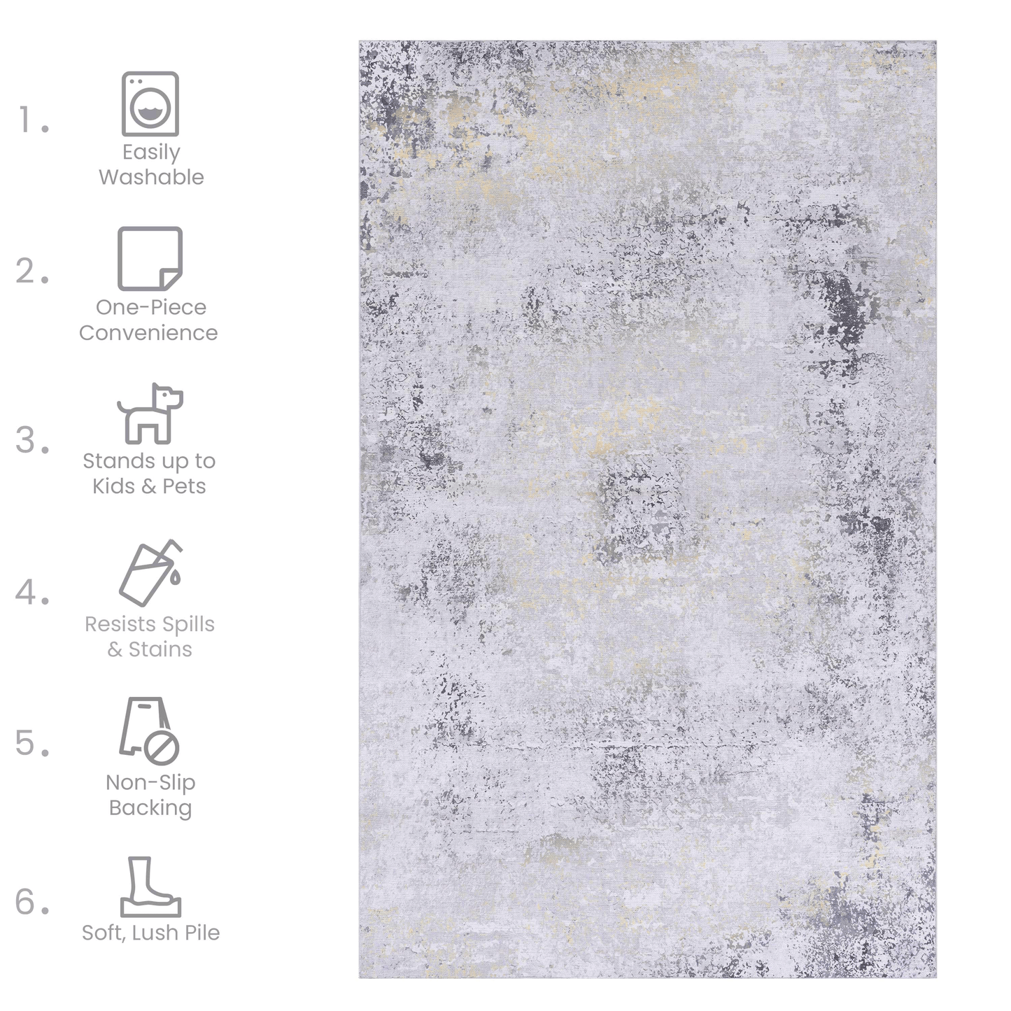 Abstract grey and gold area rug with a distressed texture and plush pile