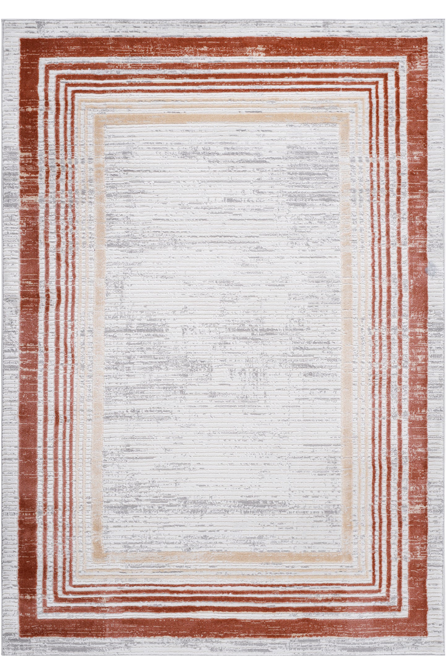 Modern abstract rug with concentric rectangular borders in rust and beige over a textured gray and white base