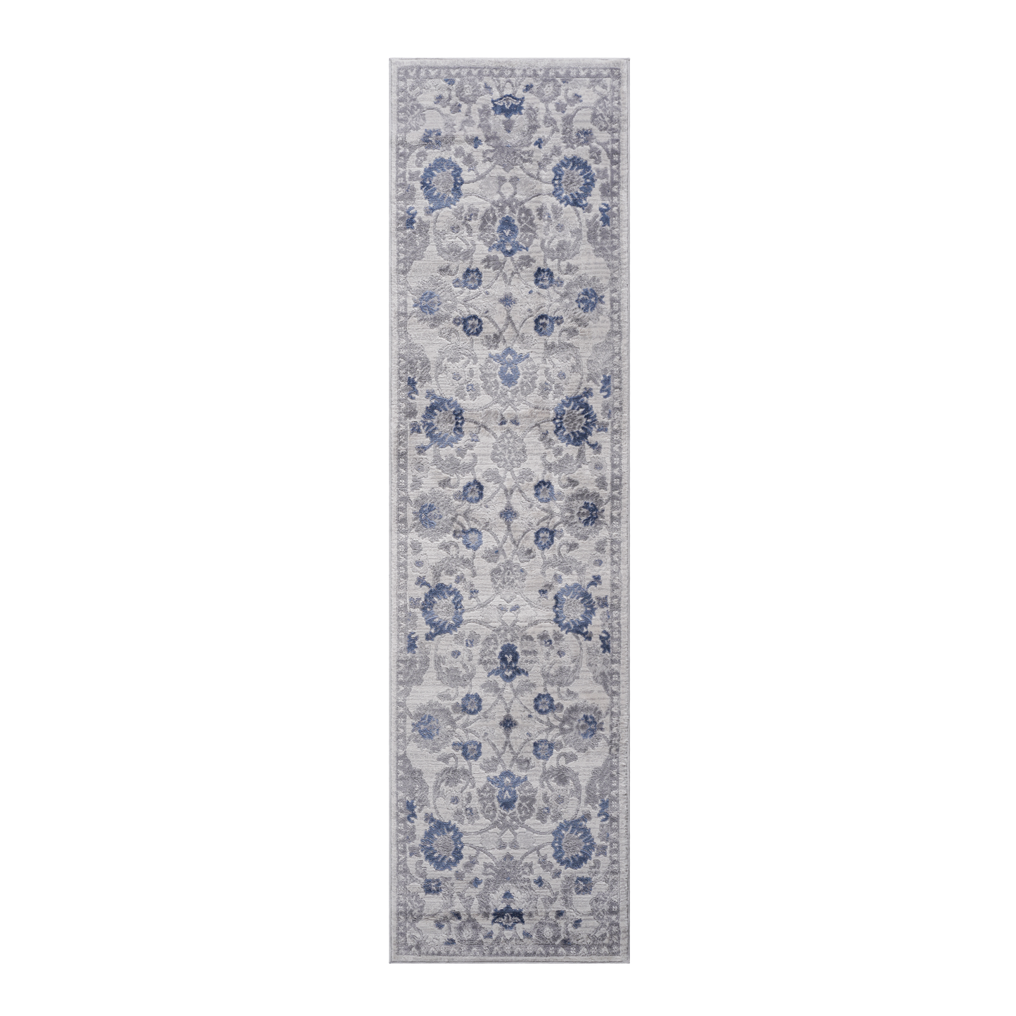 Gray oriental runner rug with intricate blue floral pattern and distressed finish