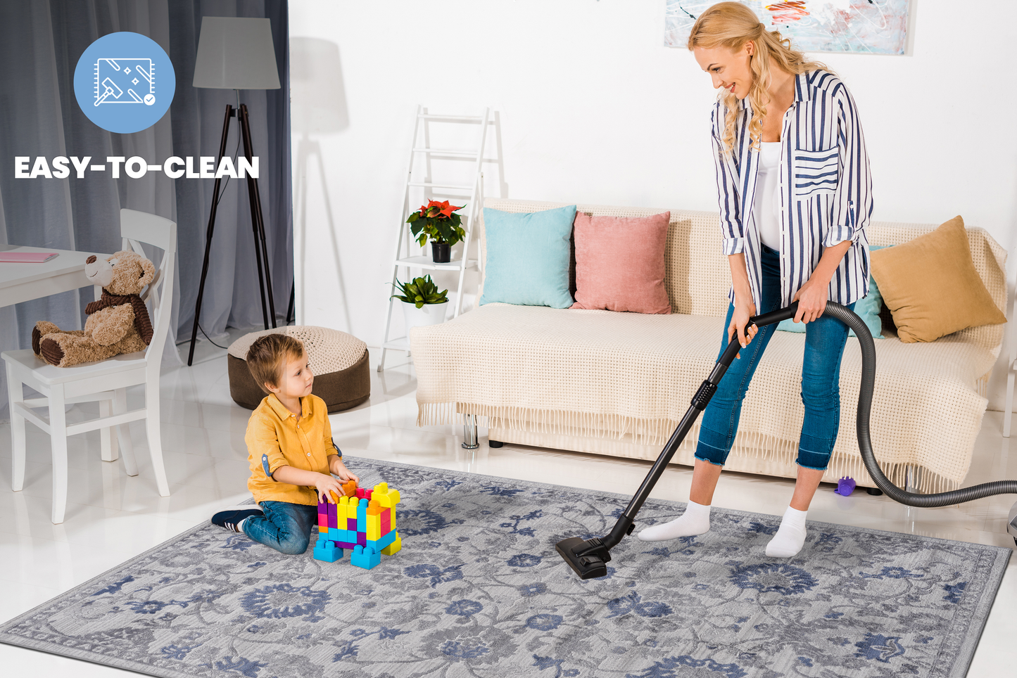 Gray floral pattern rug with easytoclean texture ideal for modern living rooms