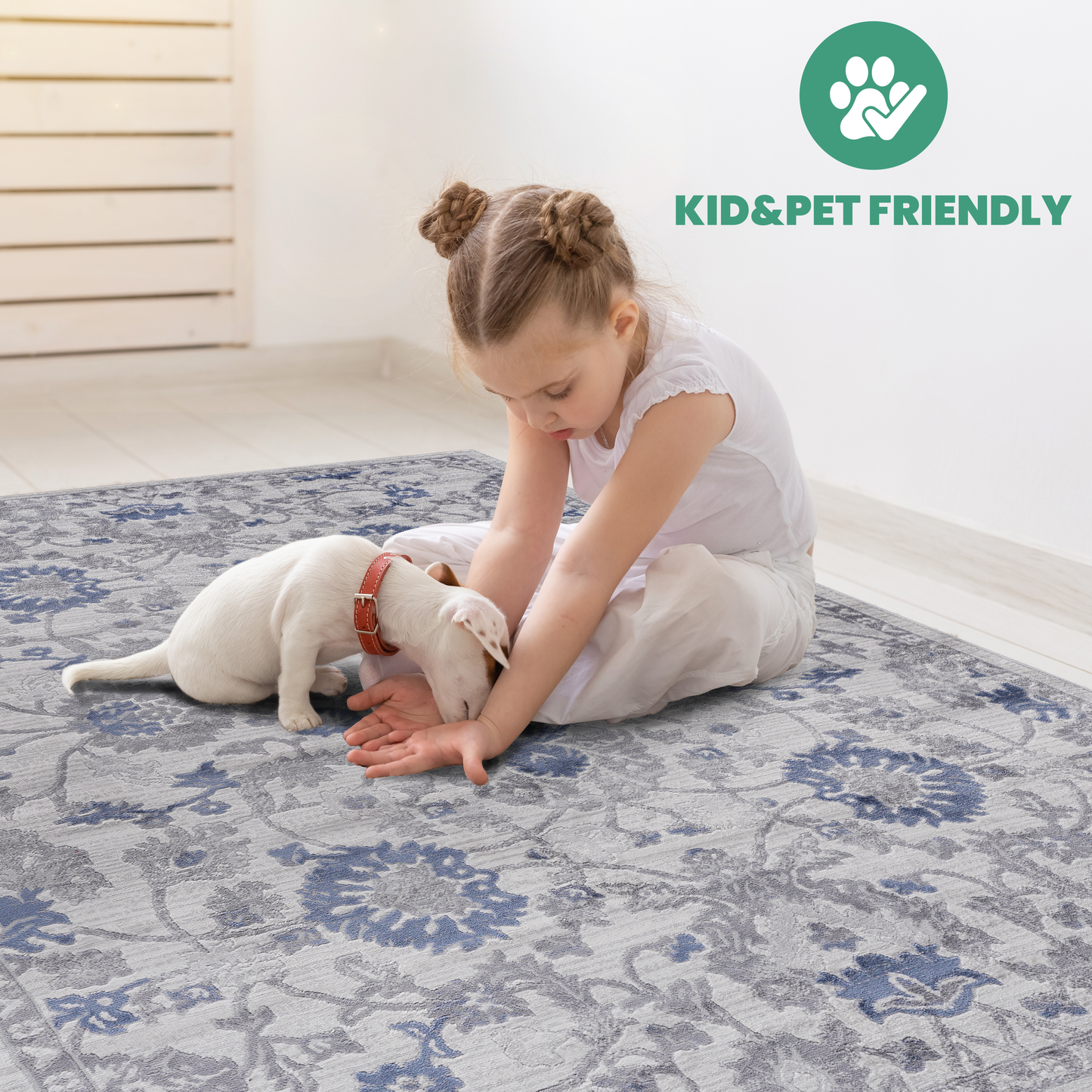 Gray and blue floral area rug with distressed vintage pattern perfect for living rooms