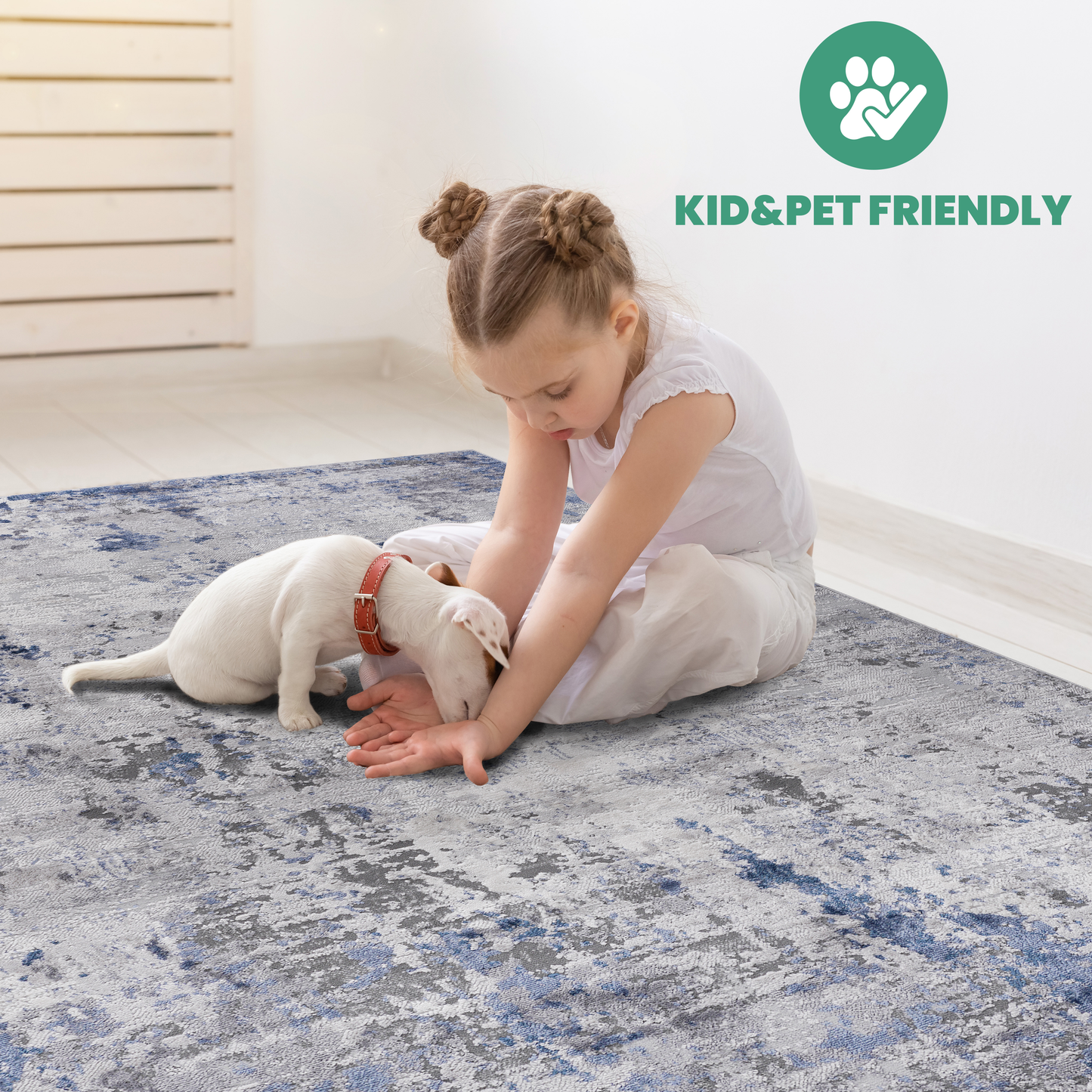 Abstract blue and grey modern area rug with distressed pattern