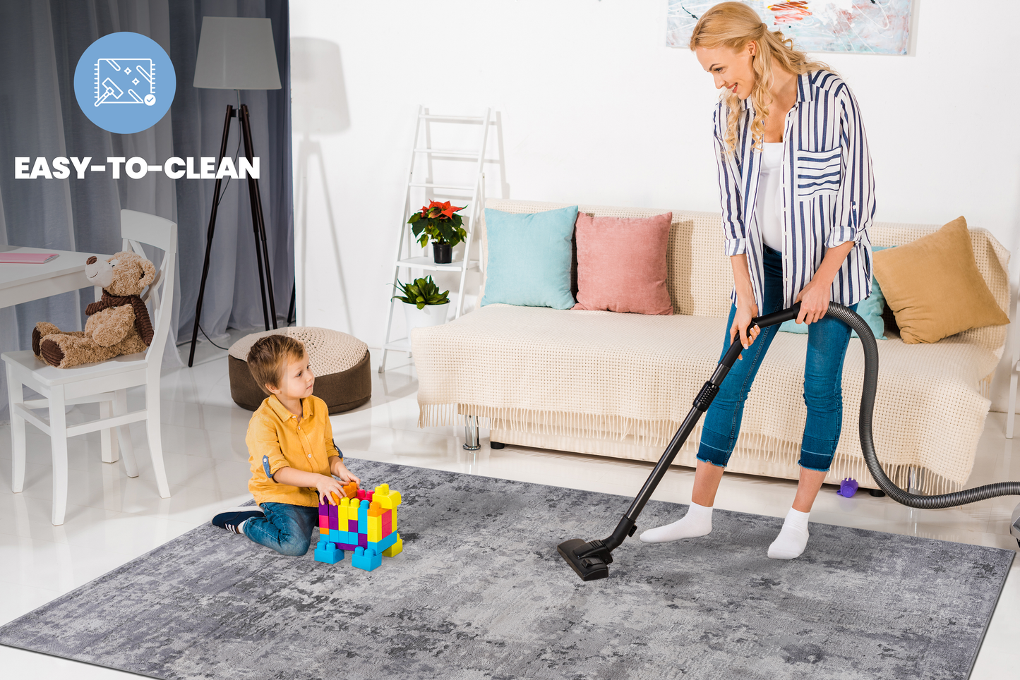 Modern grey abstract area rug easy to clean for living room or playroom settings