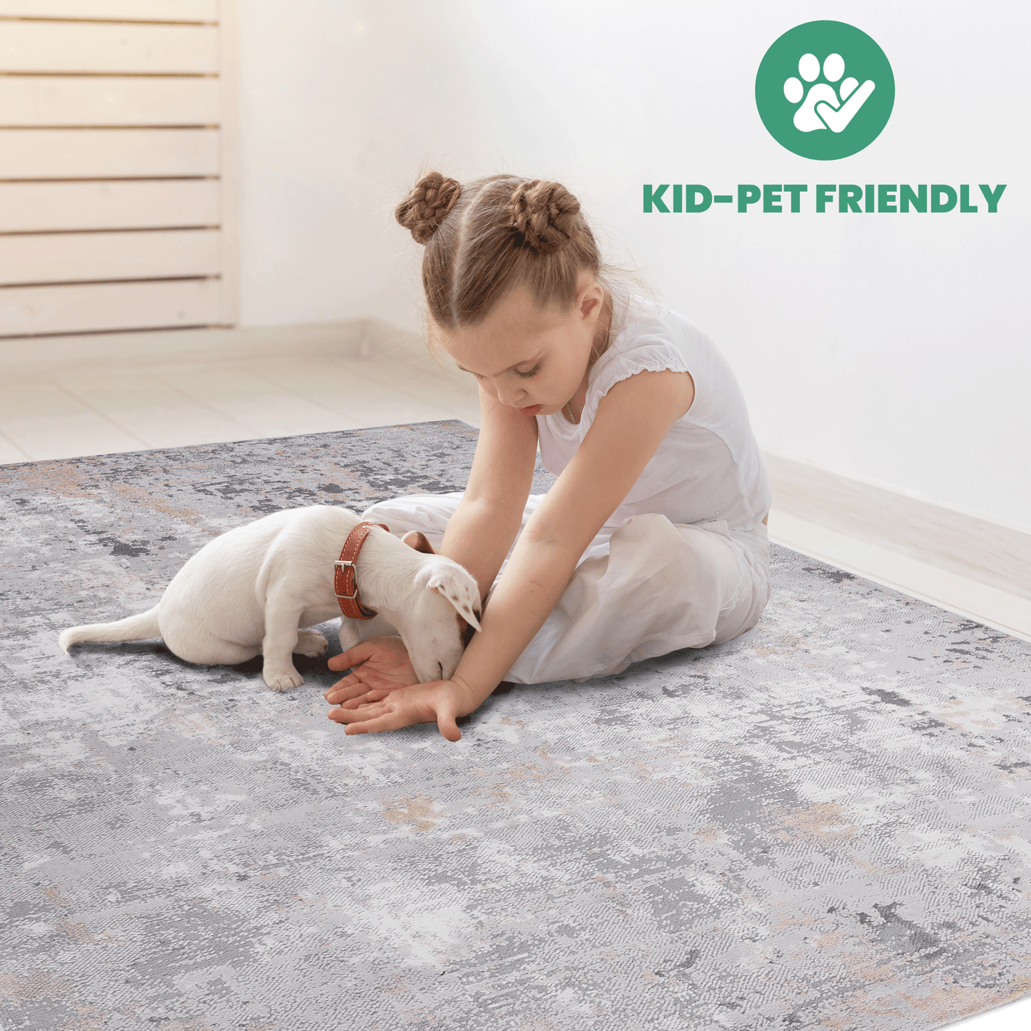 Gray abstract pattern rug with pink and white accents kid and pet friendly
